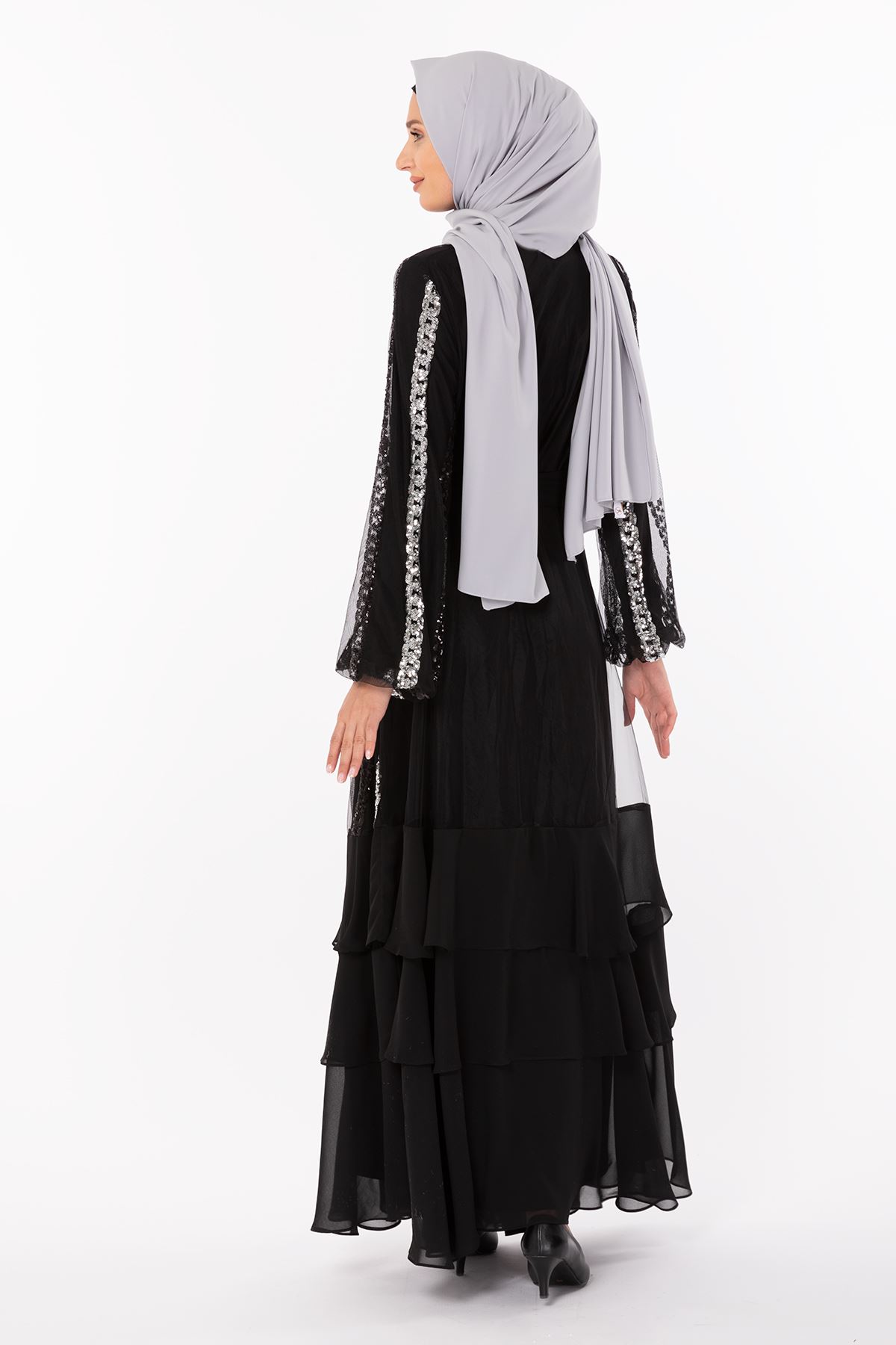 Pul Payet Detaylı Abaya Takım- LYN01214   Siyah-Gümüş
