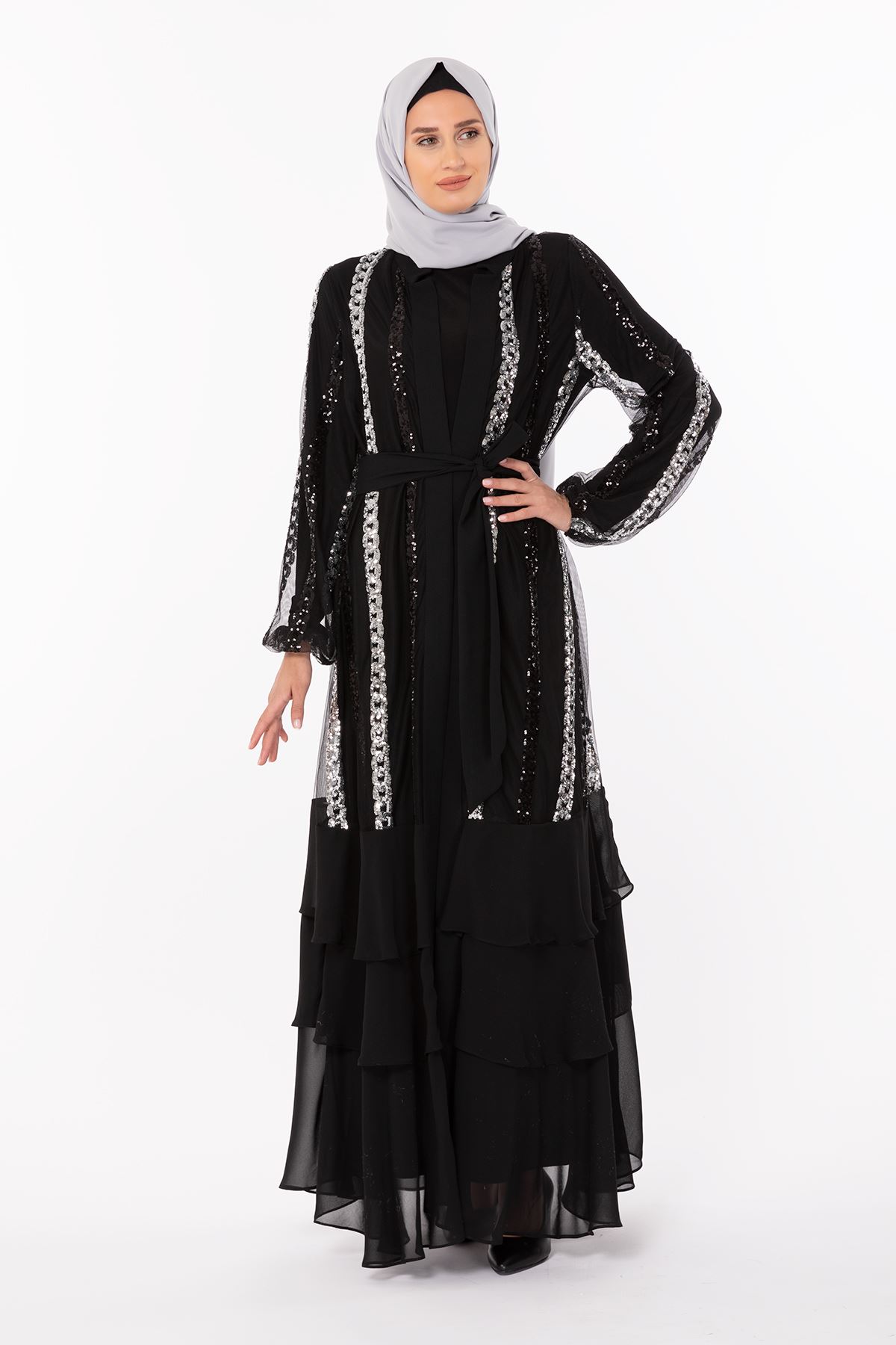 Pul Payet Detaylı Abaya Takım- LYN01214   Siyah-Gümüş