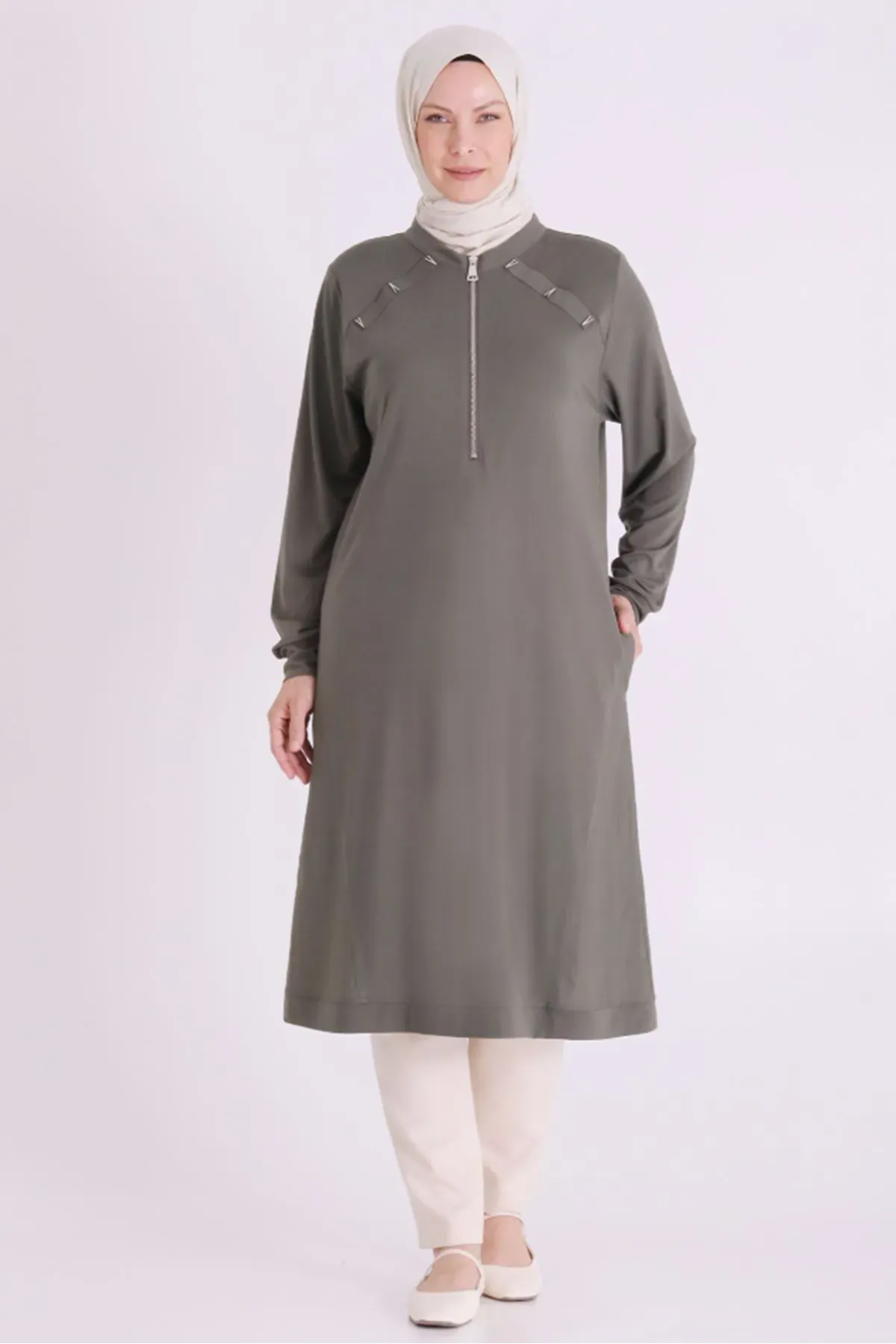 Behrem Fermuarlı Tunik-LYN04688 Yeşil