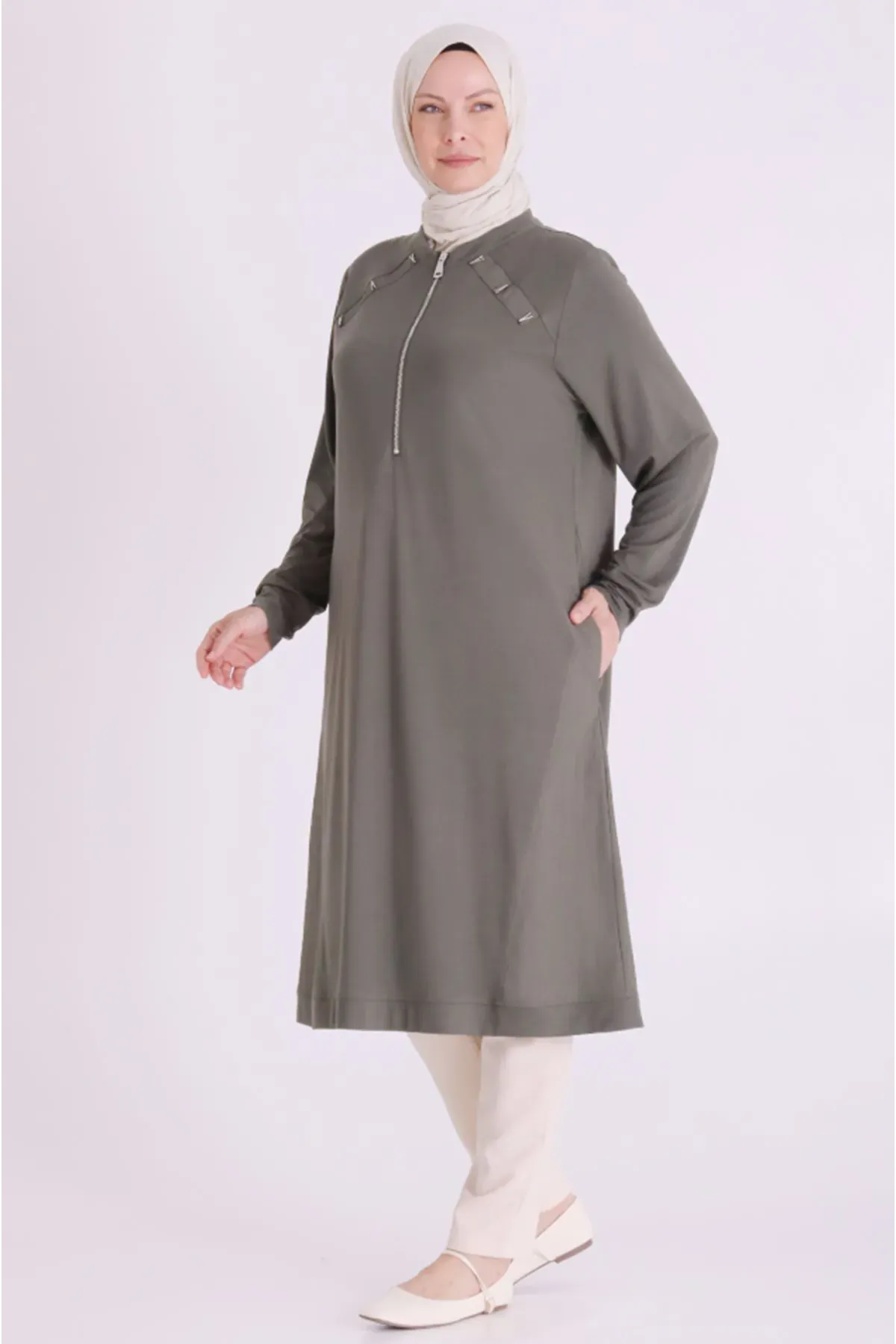 Behrem Fermuarlı Tunik-LYN04688 Yeşil