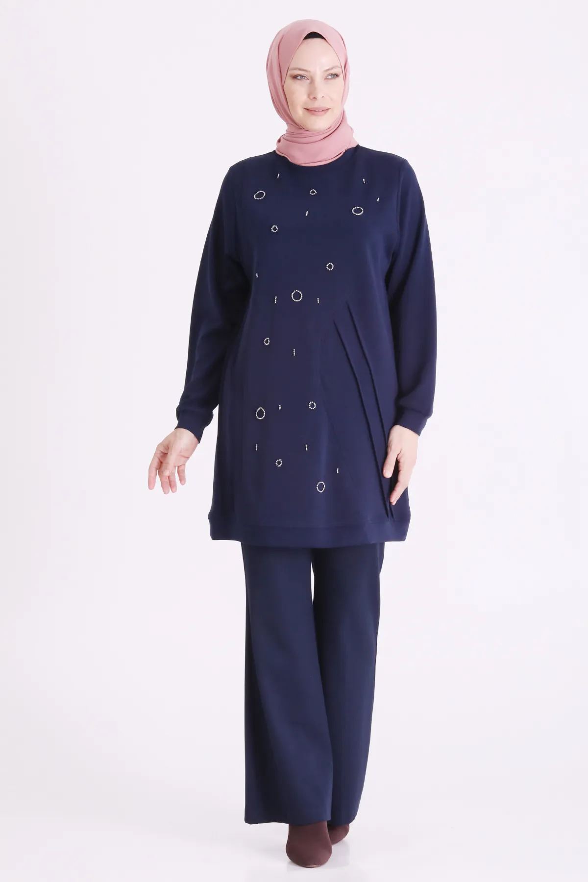 Behrem Taş İşlemeli Tunik-LYN04698 Lacivert