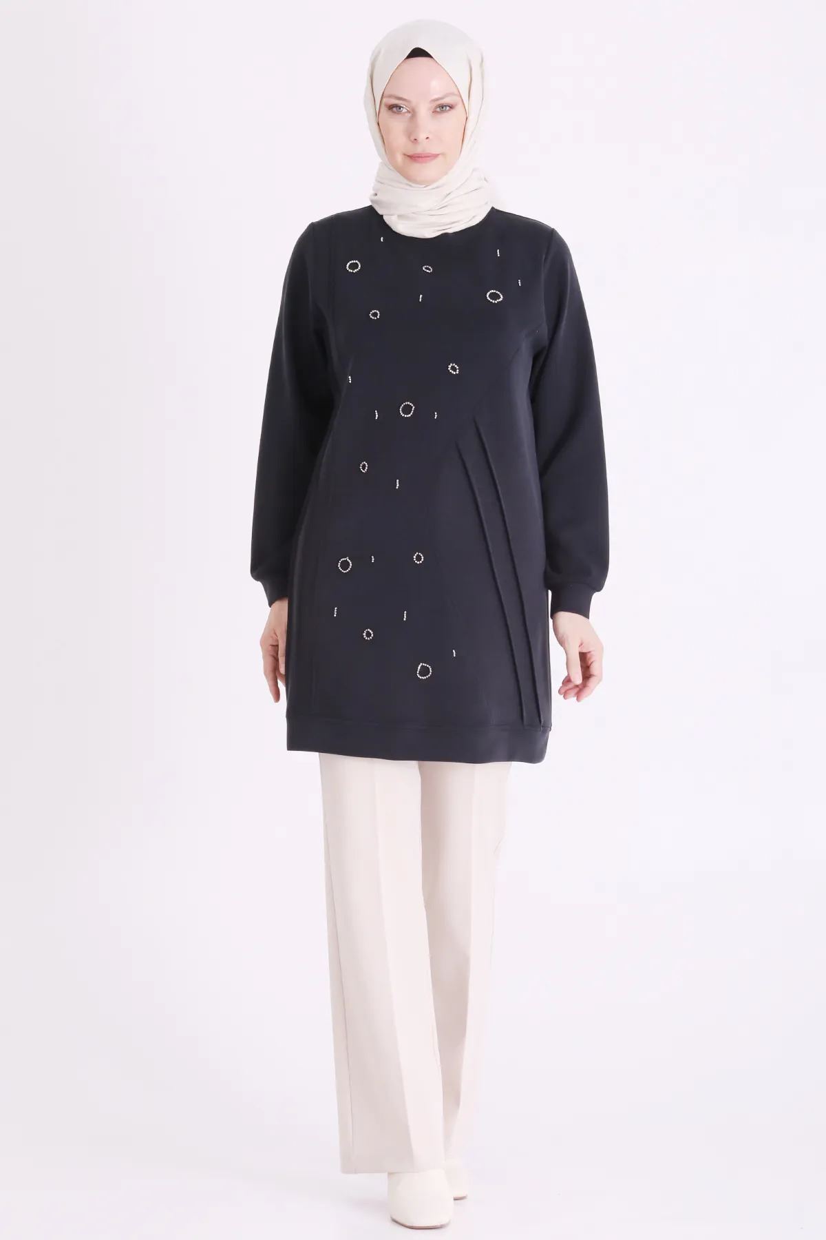 Behrem Taş İşlemeli Tunik-LYN04698 Siyah