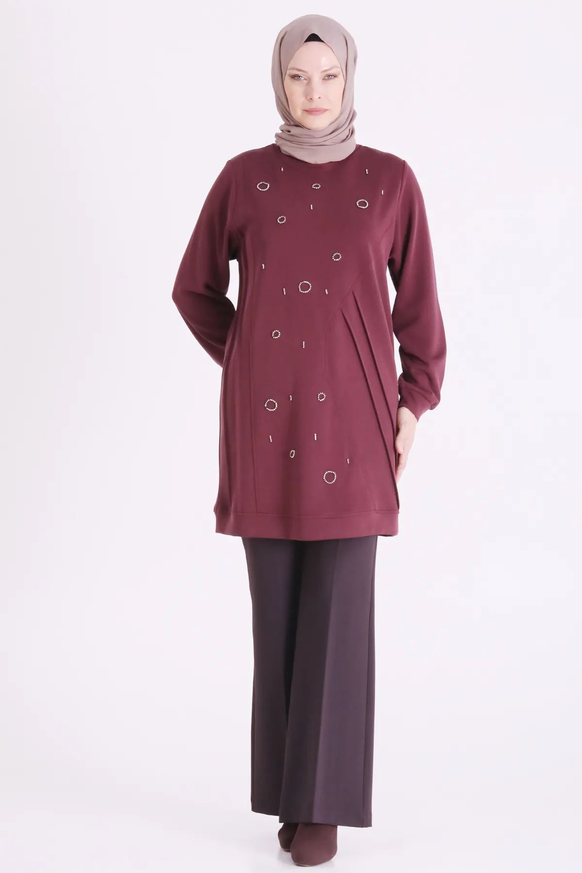 Behrem Taş İşlemeli Tunik-LYN04698 Bordo