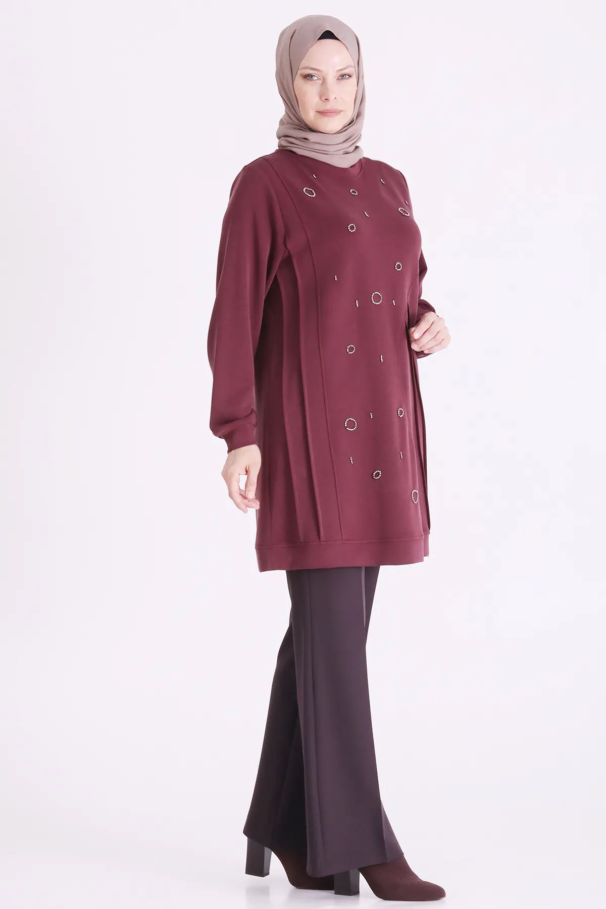 Behrem Taş İşlemeli Tunik-LYN04698 Bordo