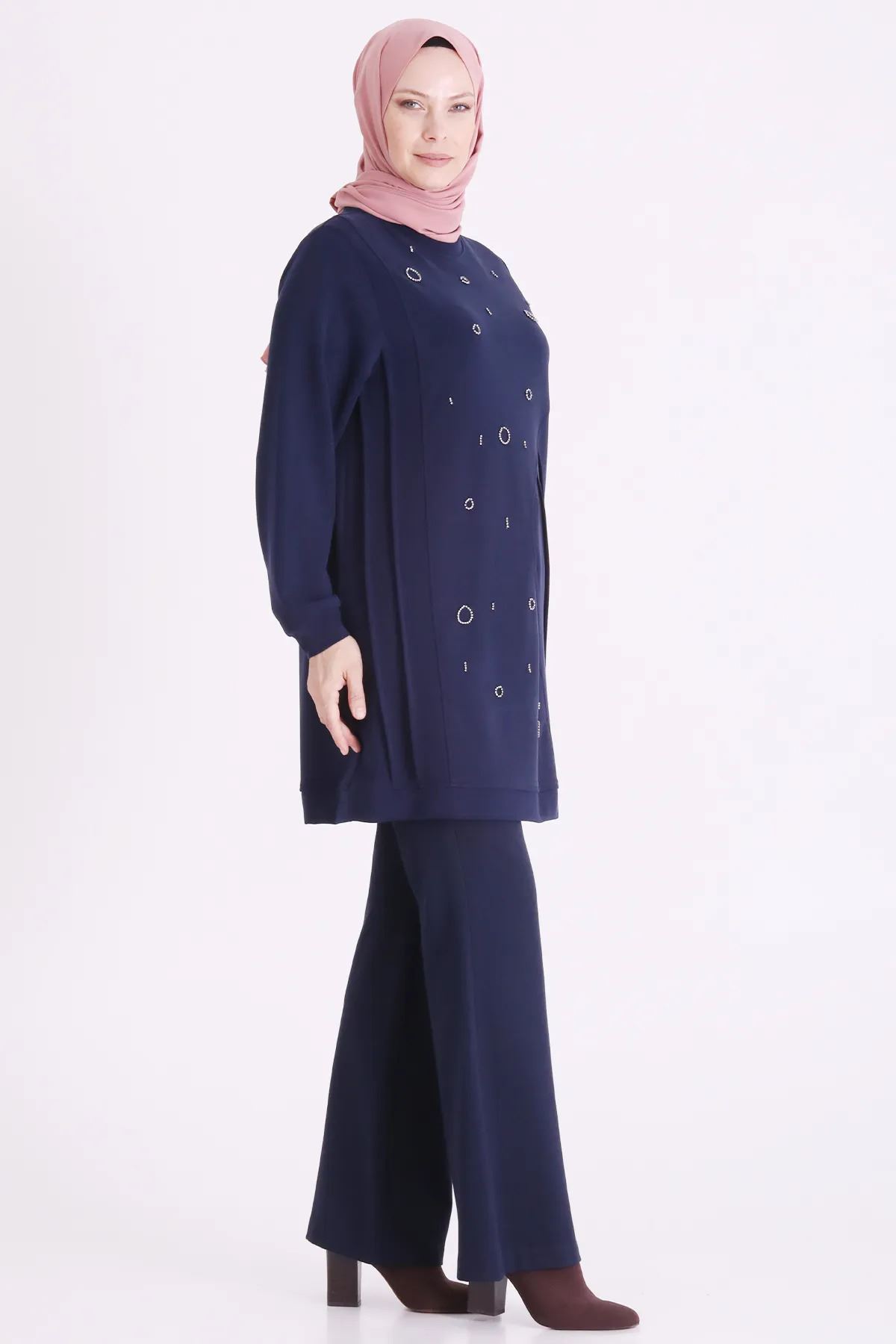 Behrem Taş İşlemeli Tunik-LYN04698 Lacivert