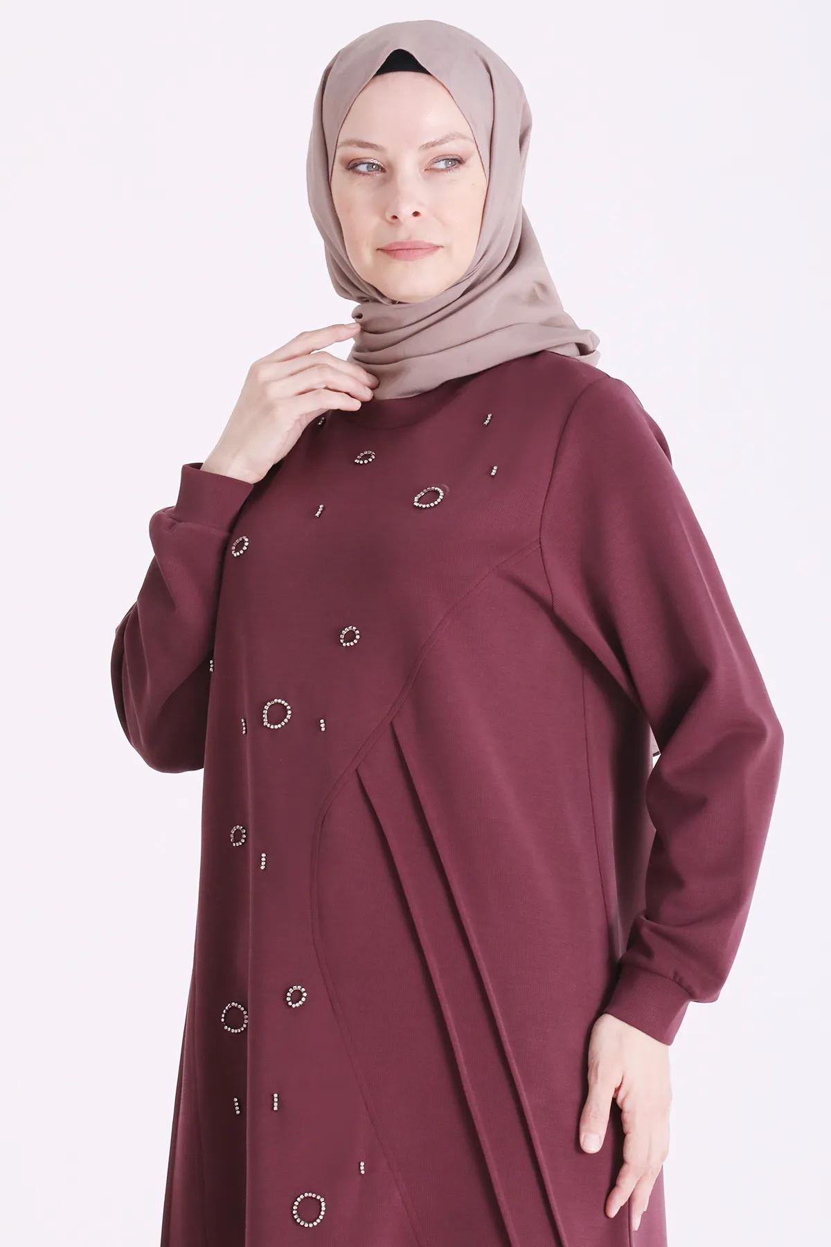 Behrem Taş İşlemeli Tunik-LYN04698 Bordo