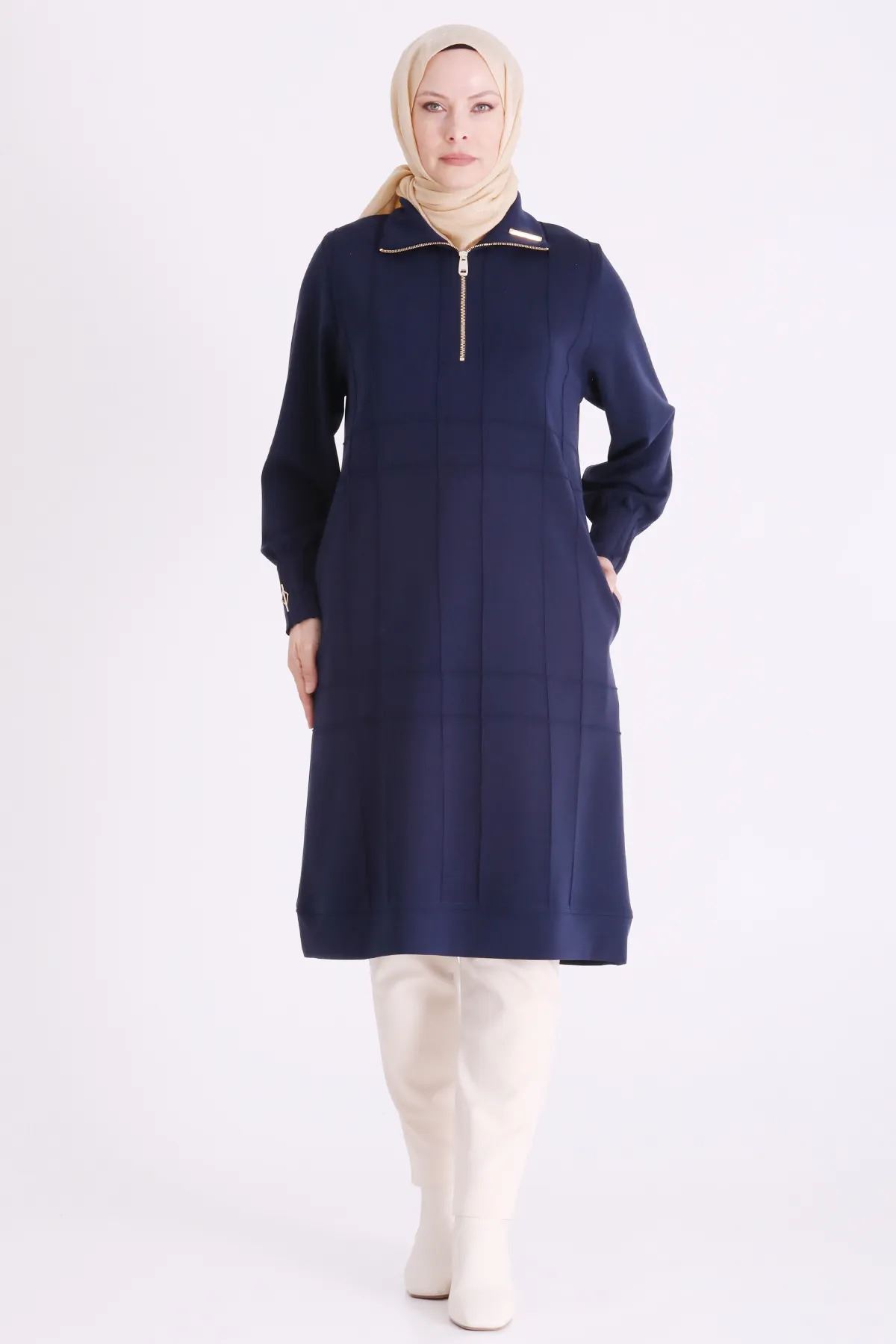 Behrem Nervür Detaylı Tunik-LYN04704 Lacivert