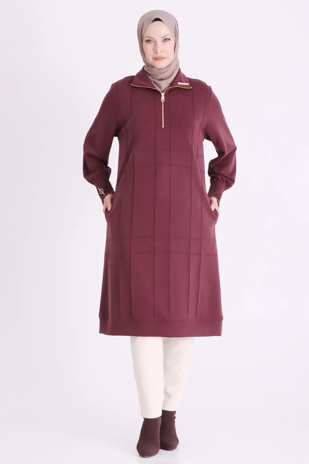 Behrem Nervür Detaylı Tunik-LYN04704 Bordo