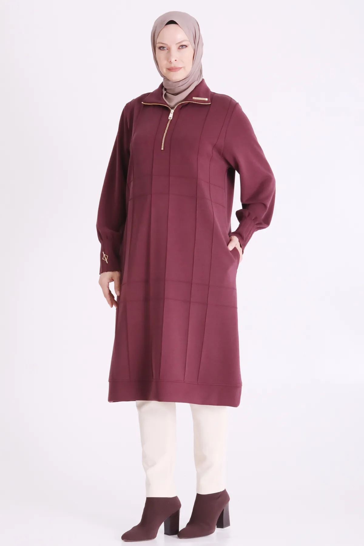 Behrem Nervür Detaylı Tunik-LYN04704 Bordo