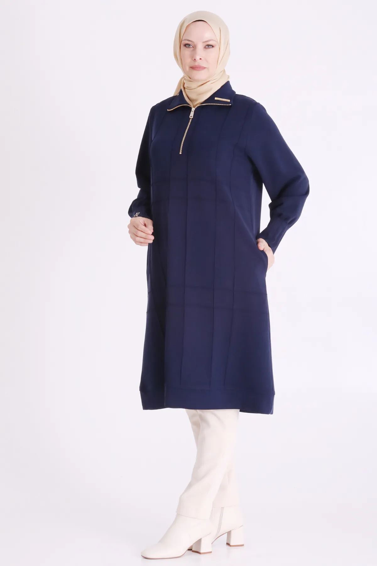 Behrem Nervür Detaylı Tunik-LYN04704 Lacivert