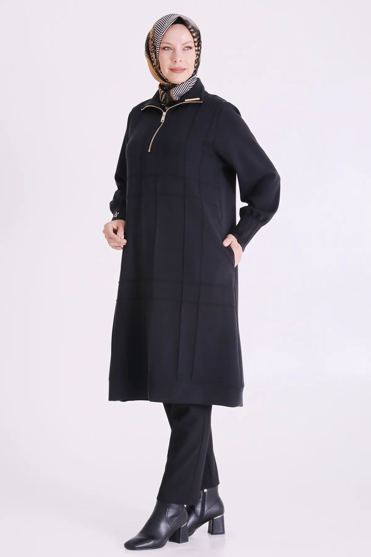 Behrem Nervür Detaylı Tunik-LYN04704 Siyah