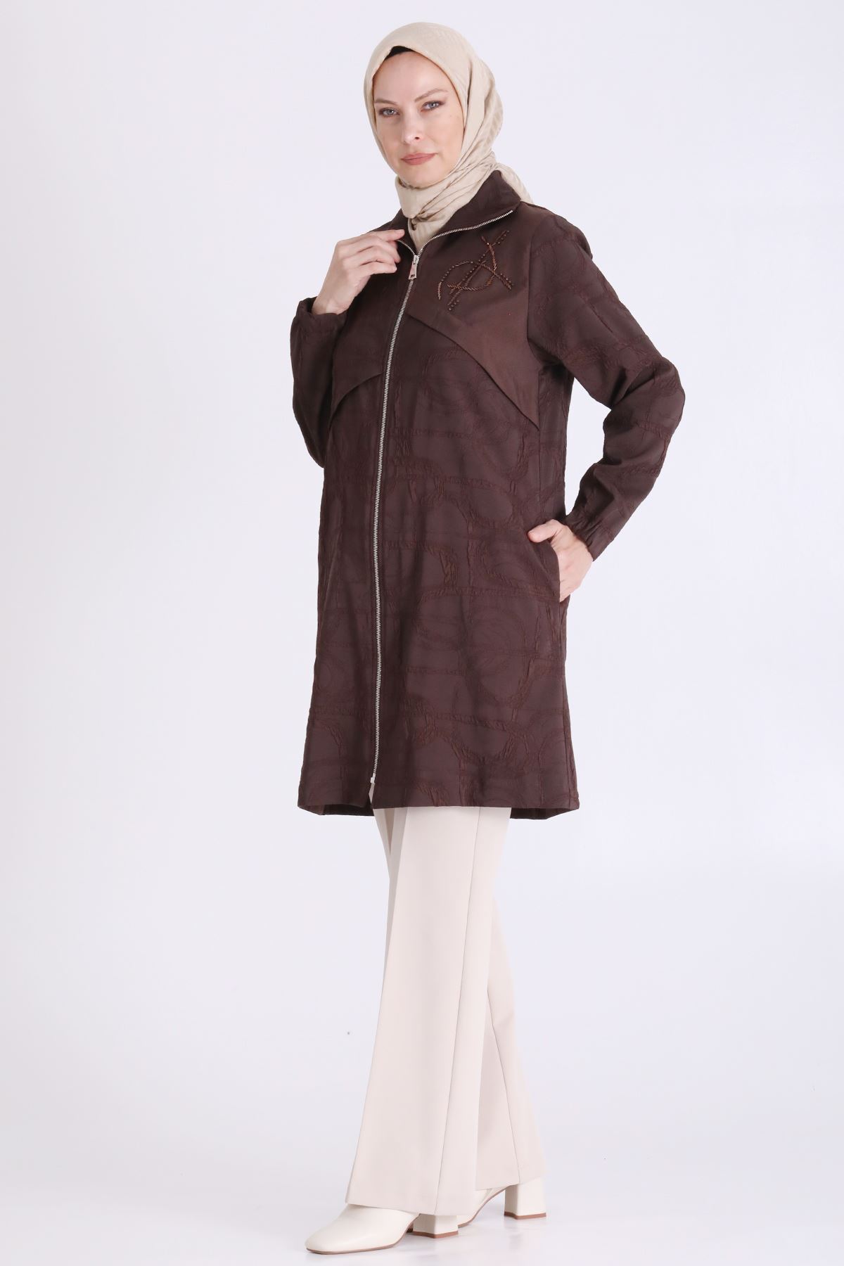 Behrem İşlemeli Brokar Kap-LYN04706 Kahve