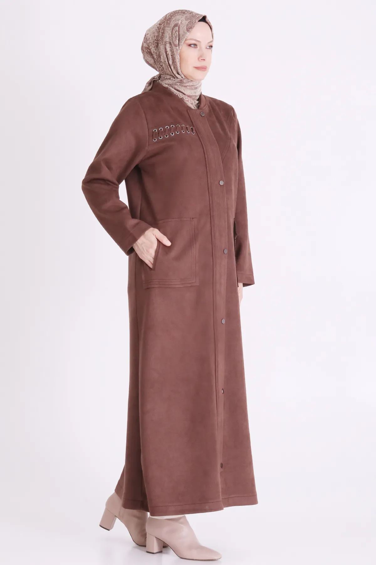 Kuşgözü Detaylı Süet Ferace-LYN04710 Kahve