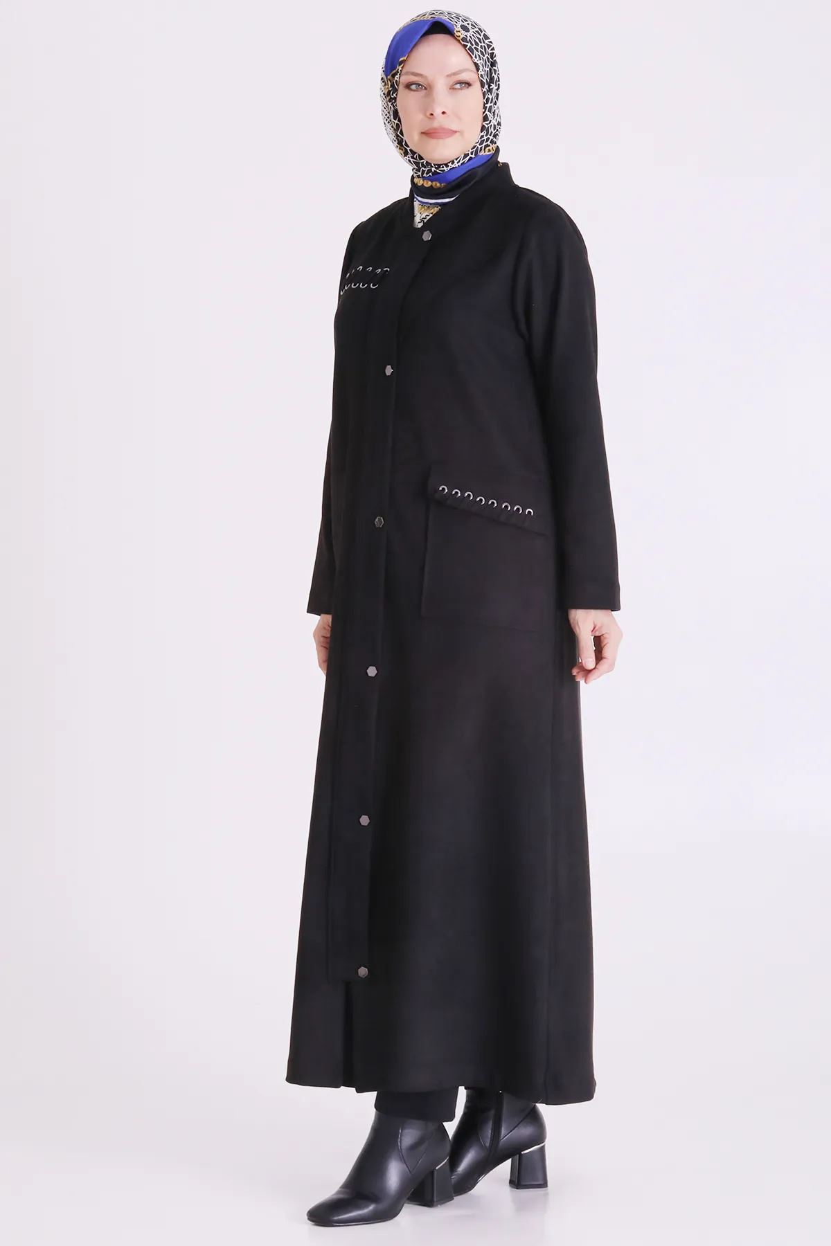 Kuşgözü Detaylı Süet Ferace-LYN04710 Siyah
