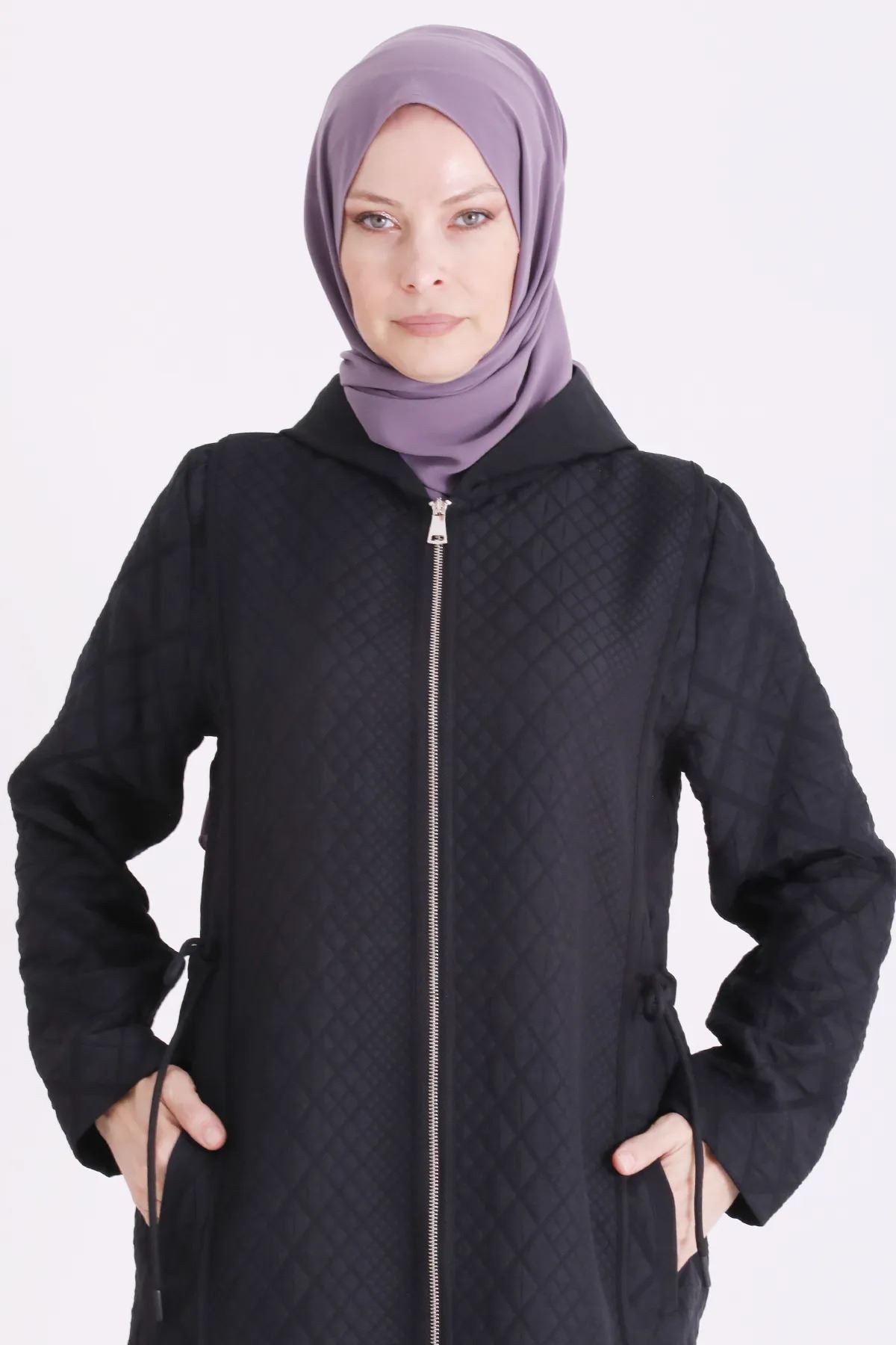 Behrem Kapitone Fermuarlı Ferace-LYN04711 Siyah