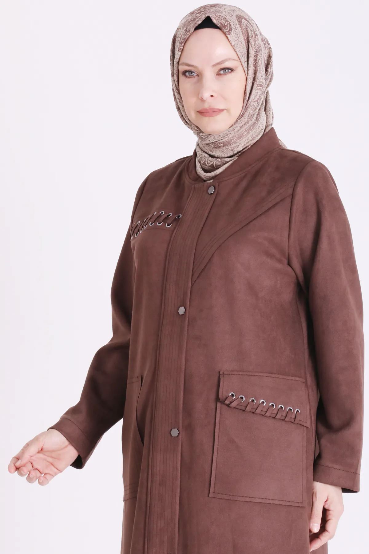 Kuşgözü Detaylı Süet Ferace-LYN04710 Kahve