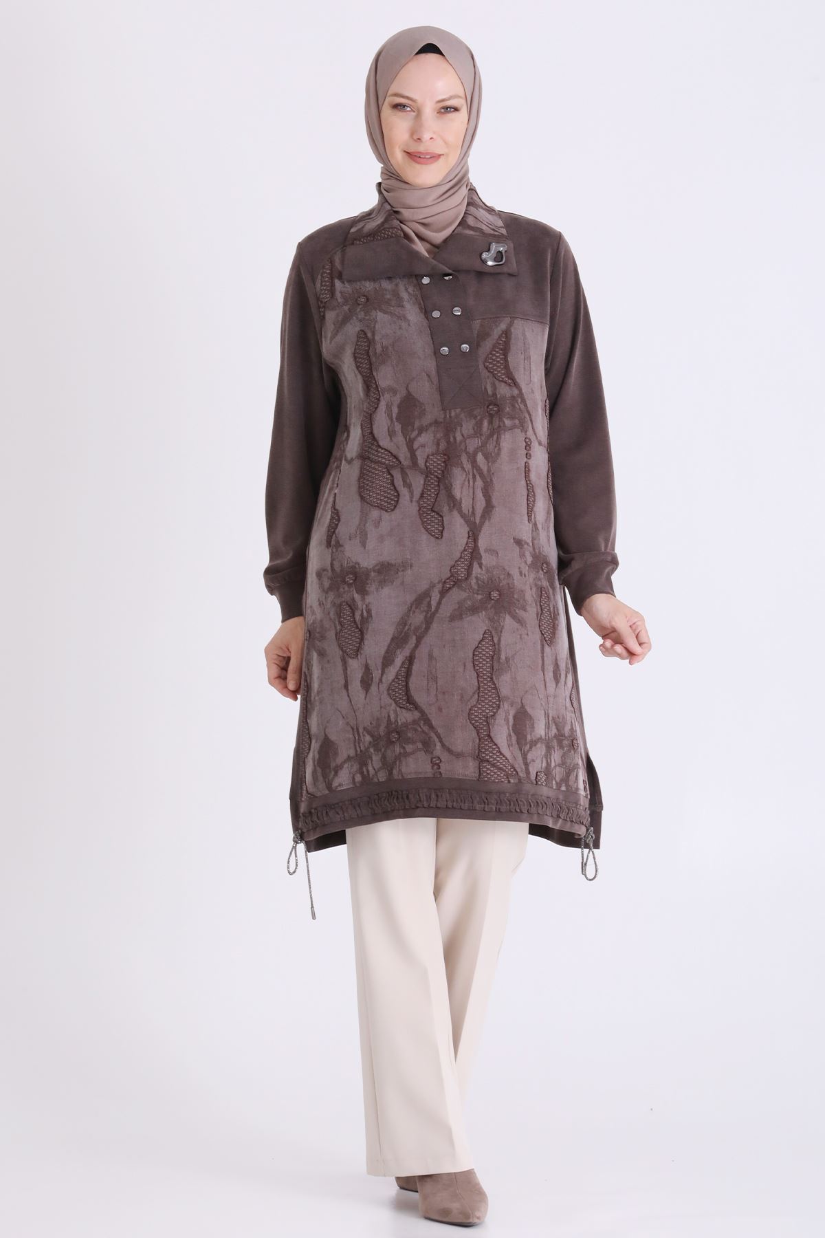 Behrem Qupra Detaylı Tunik-LYN04726 Kahve