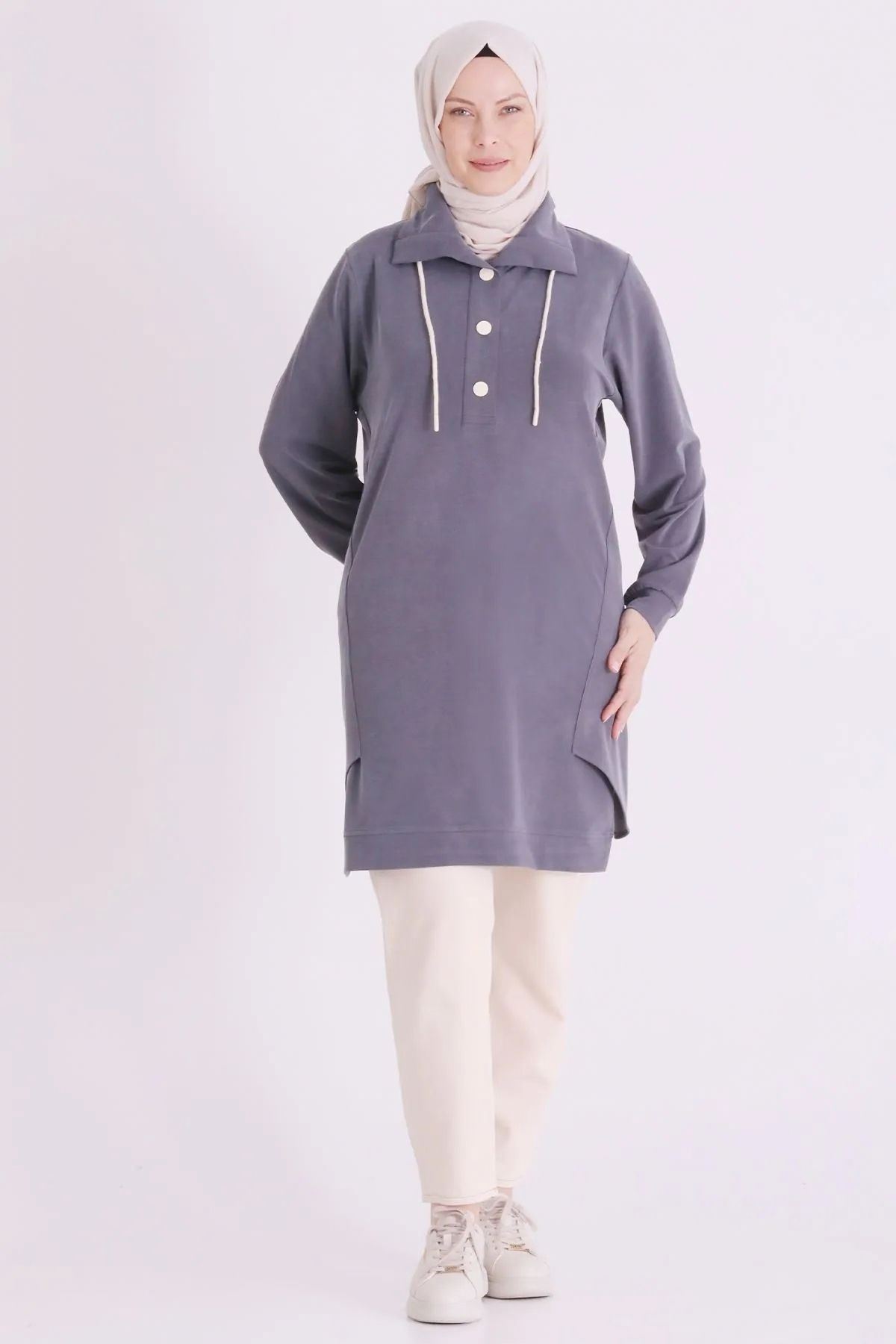 Behrem Yakası Çıtçıtlı Tunik-LYN04729 Duman Gri