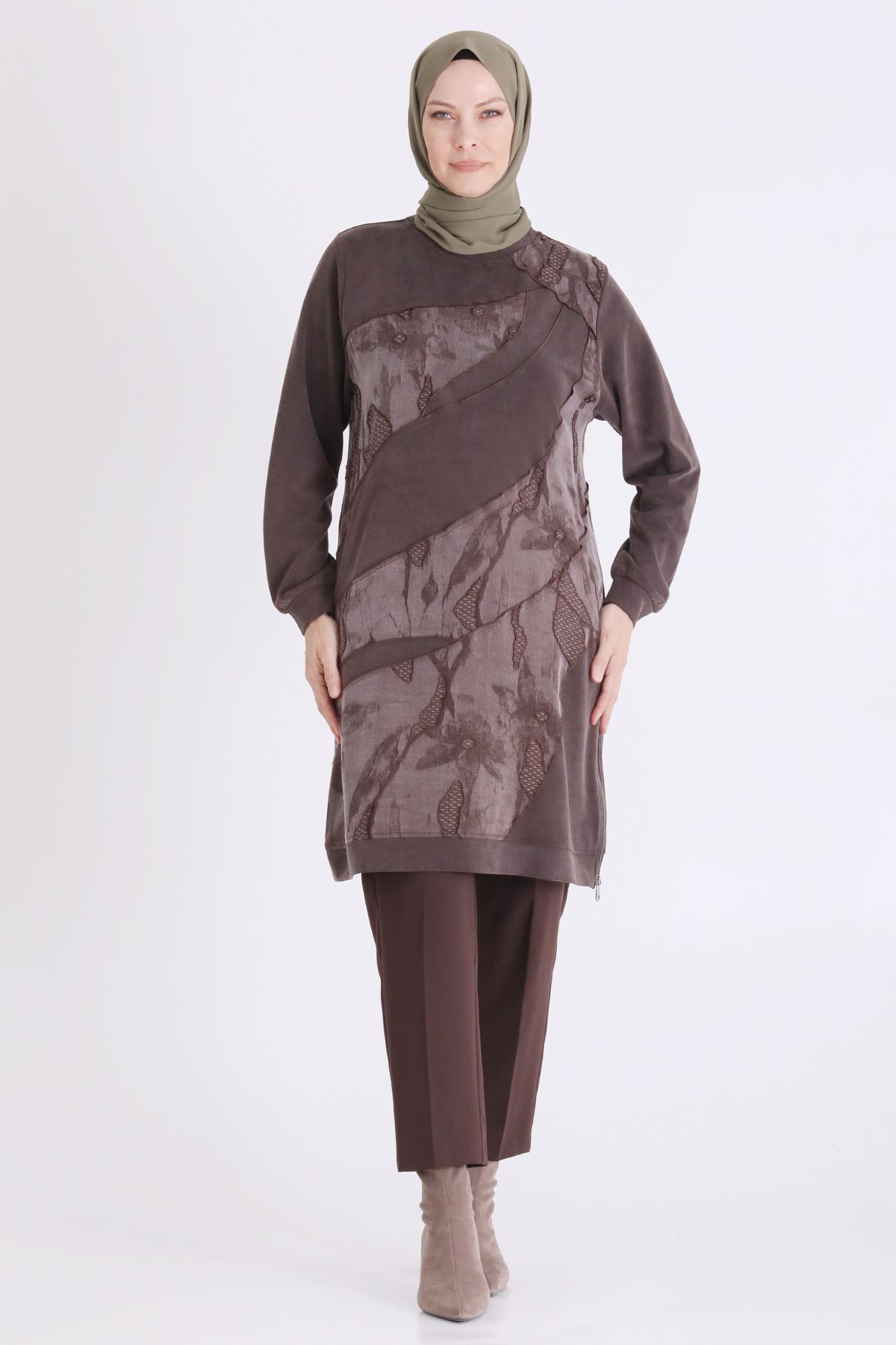 Behrem Qupra Ve Fermuar Detaylı Tunik-LYN04728 Kahve