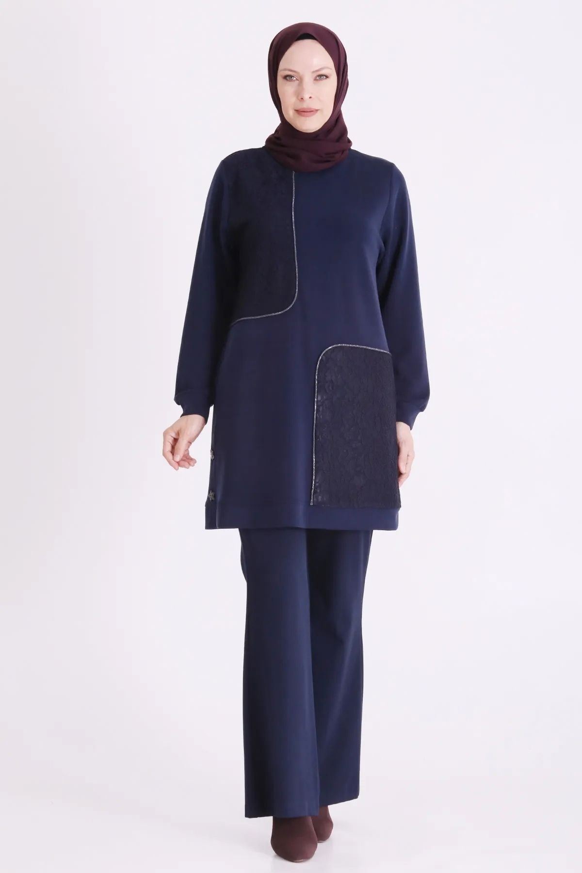Behrem Güpür Detaylı Tunik-LYN04727 Lacivert
