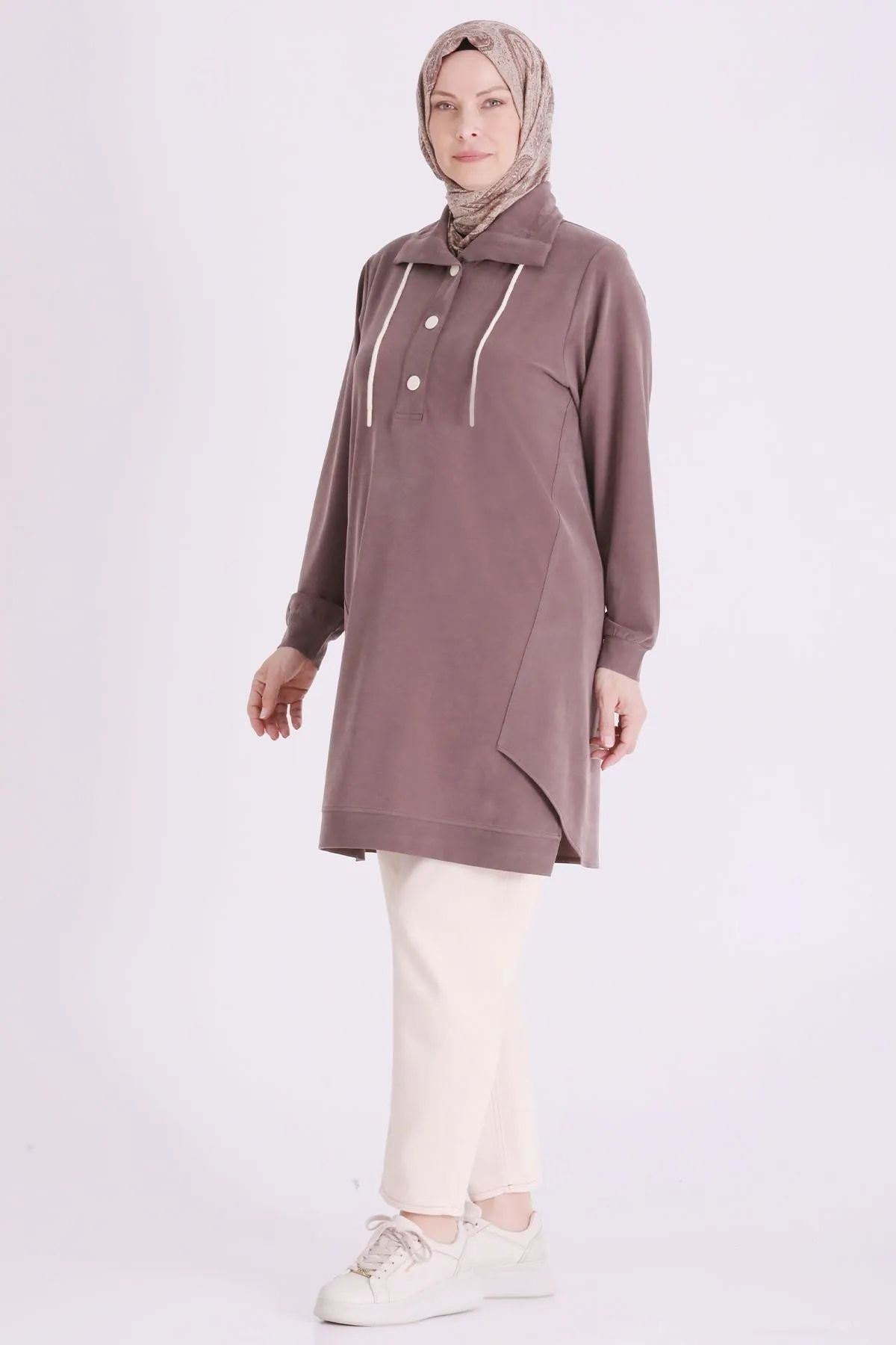 Behrem Yakası Çıtçıtlı Tunik-LYN04729 Kakao