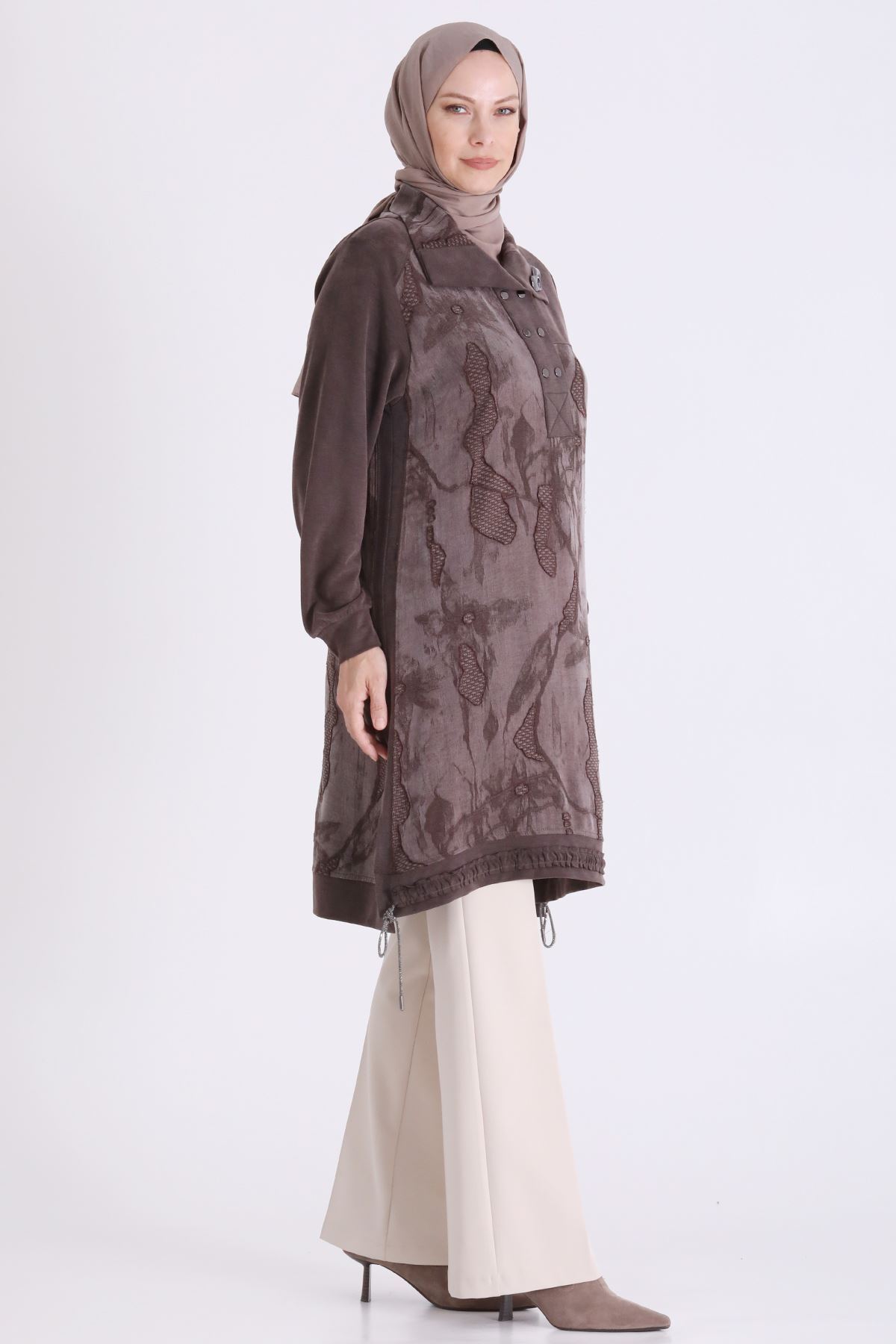 Behrem Qupra Detaylı Tunik-LYN04726 Kahve