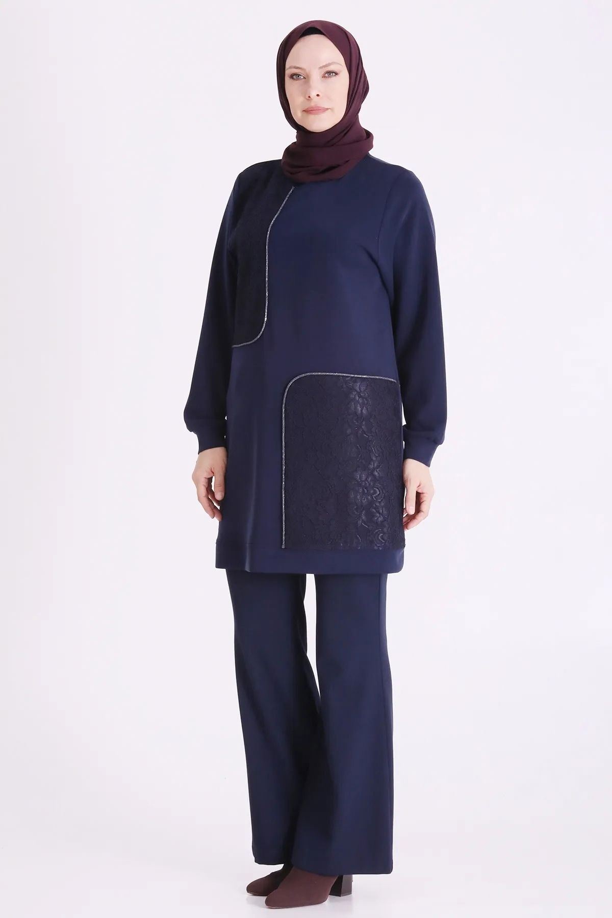 Behrem Güpür Detaylı Tunik-LYN04727 Lacivert
