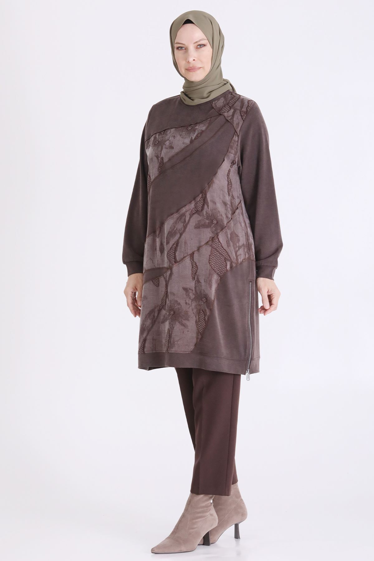 Behrem Qupra Ve Fermuar Detaylı Tunik-LYN04728 Kahve