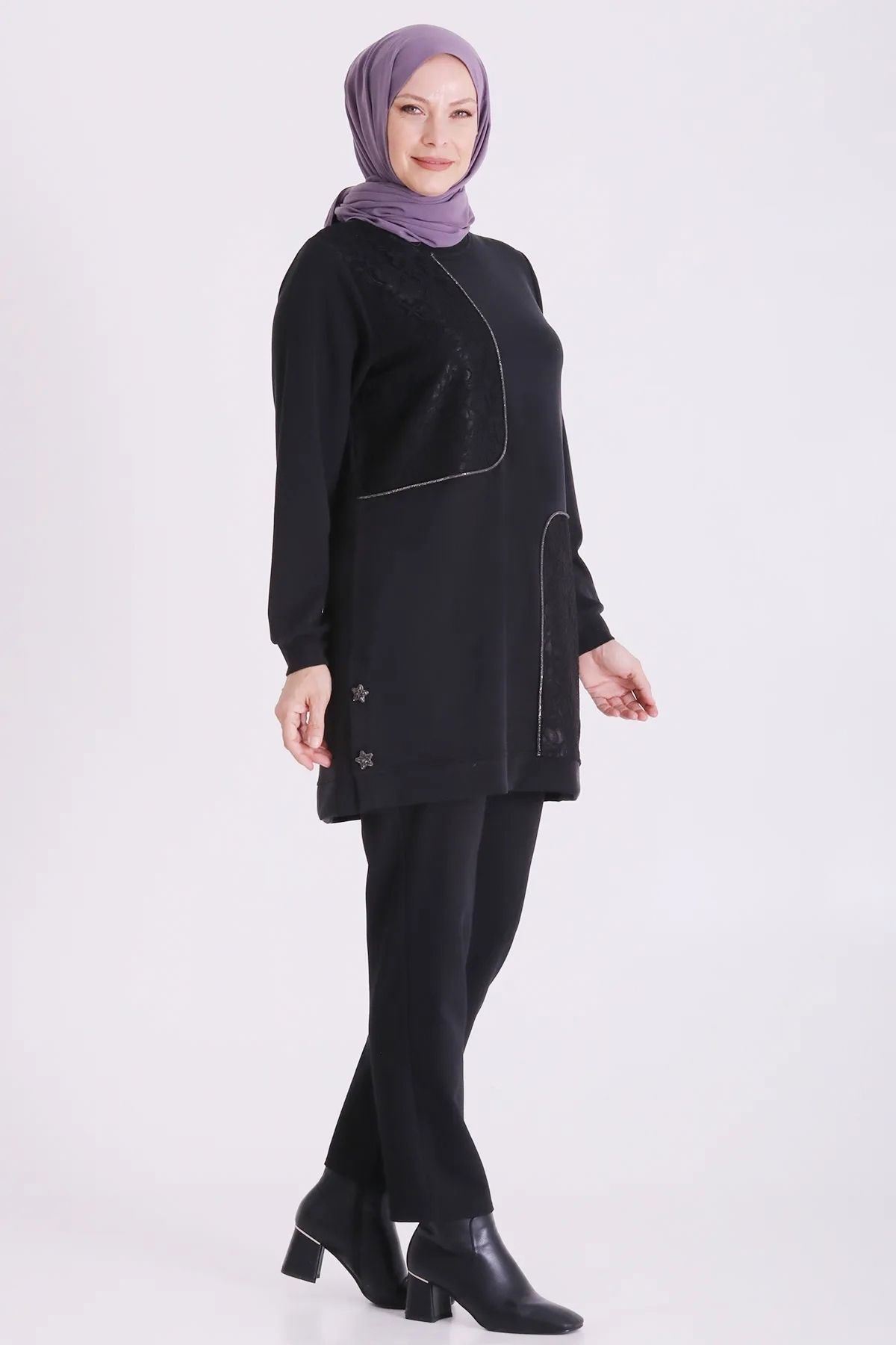 Behrem Güpür Detaylı Tunik-LYN04727 Siyah