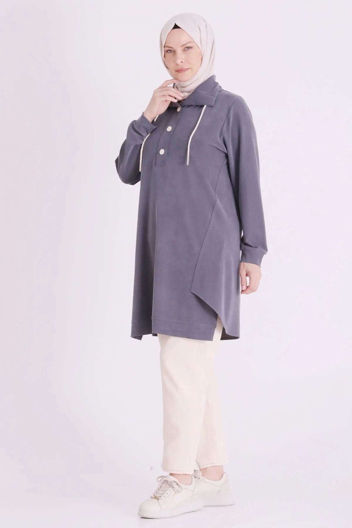 Behrem Yakası Çıtçıtlı Tunik-LYN04729 Duman Gri