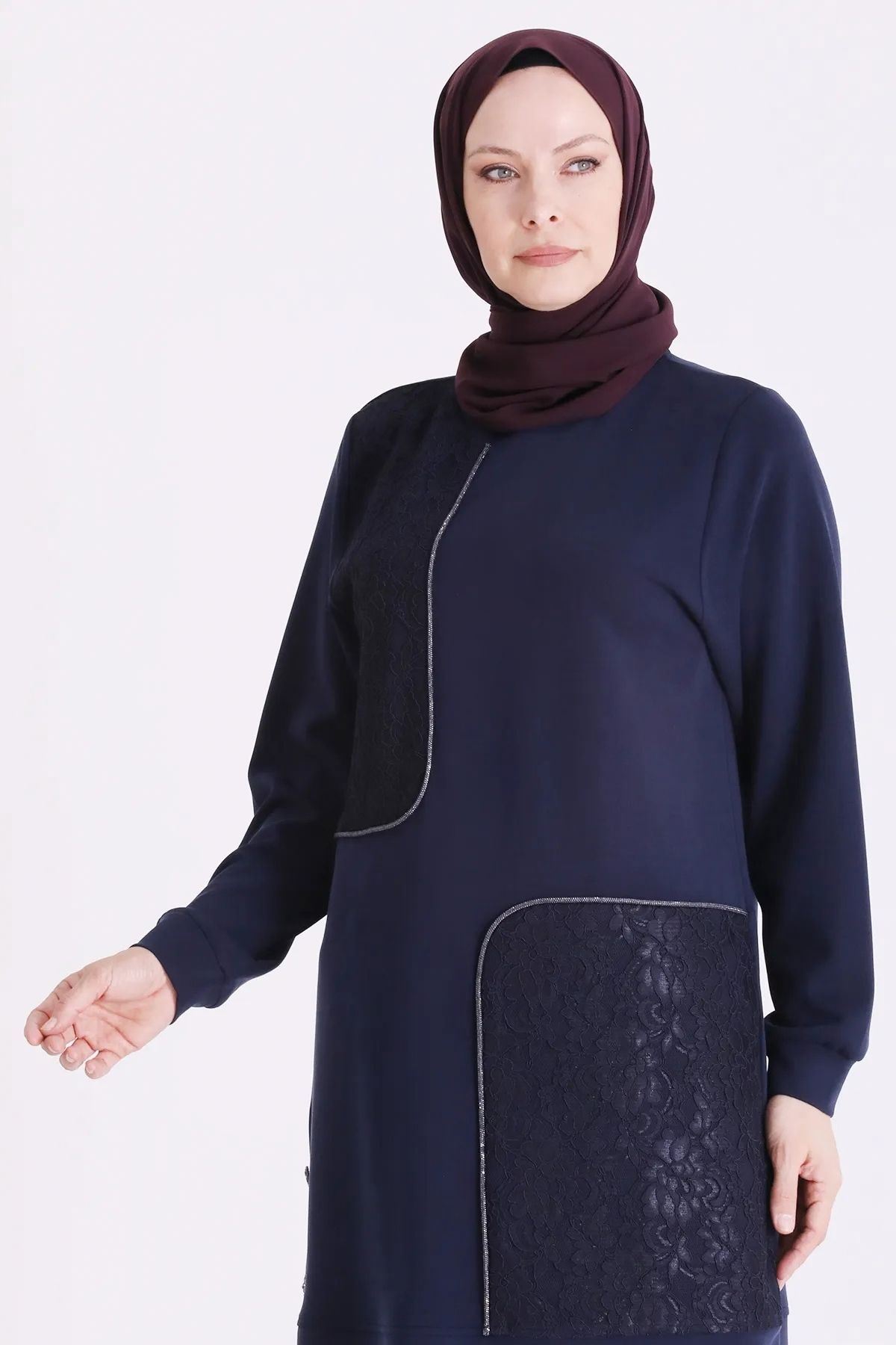 Behrem Güpür Detaylı Tunik-LYN04727 Lacivert