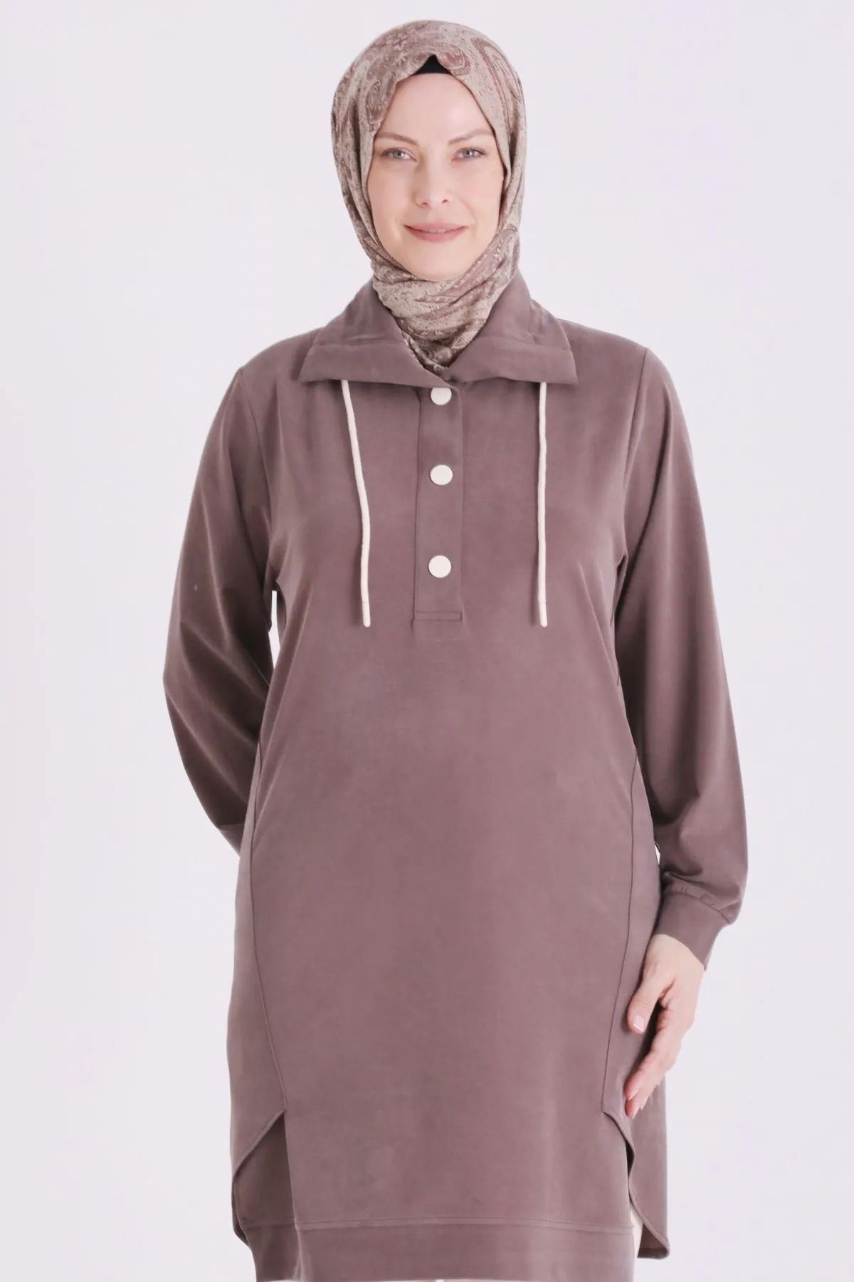 Behrem Yakası Çıtçıtlı Tunik-LYN04729 Kakao