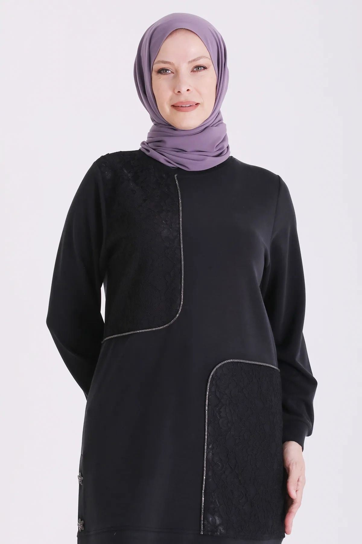 Behrem Güpür Detaylı Tunik-LYN04727 Siyah