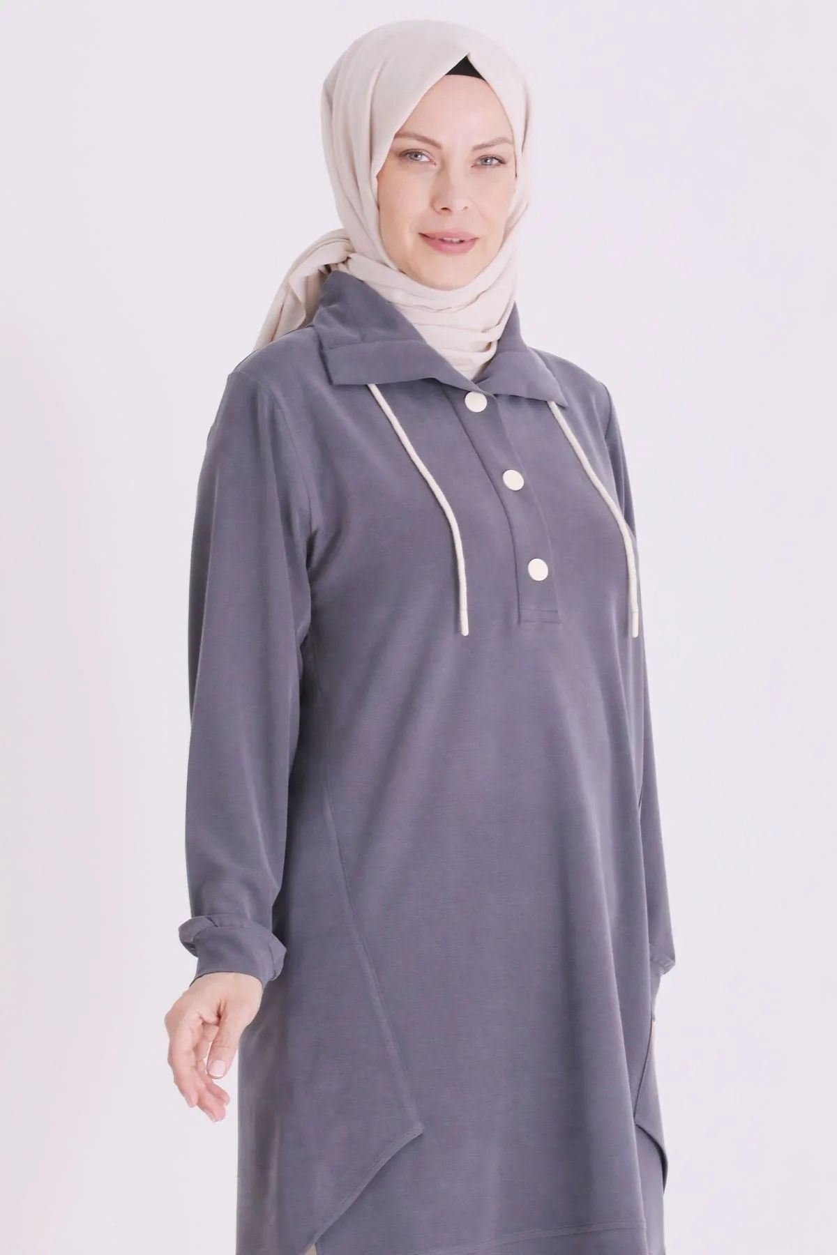 Behrem Yakası Çıtçıtlı Tunik-LYN04729 Duman Gri