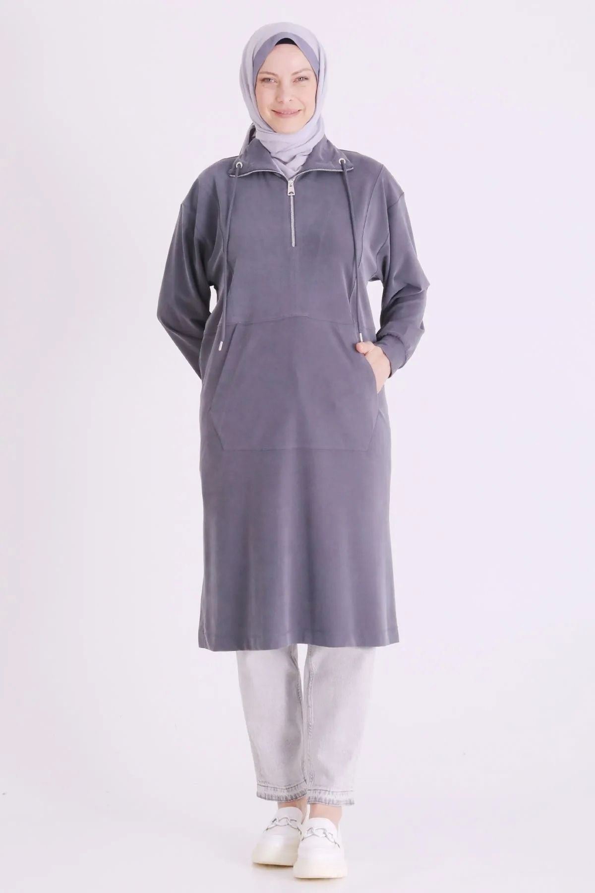 Behrem Yakası Fermuarlı Tunik-LYN04730 Duman Gri