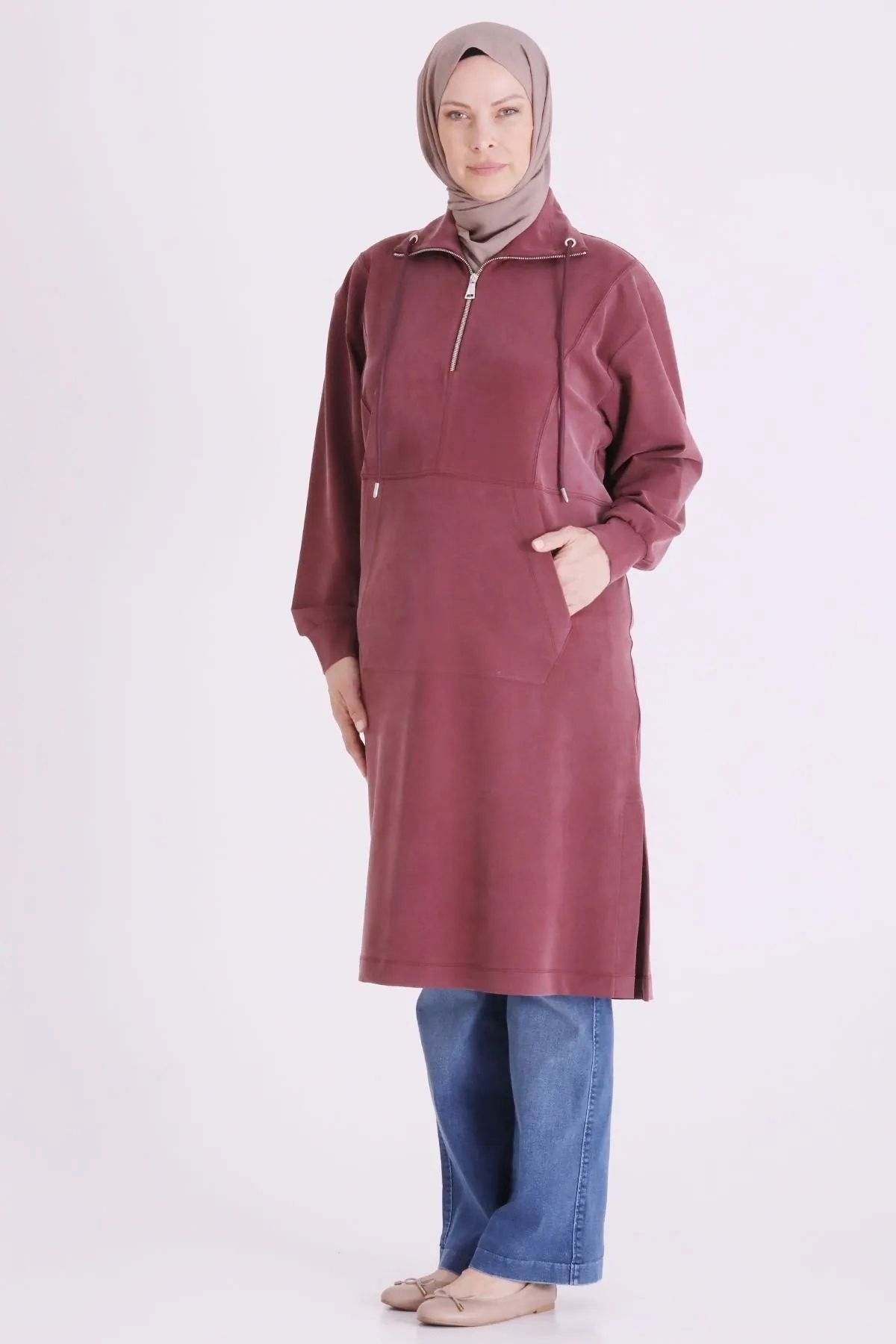 Behrem Yakası Fermuarlı Tunik-LYN04730 Mürdüm