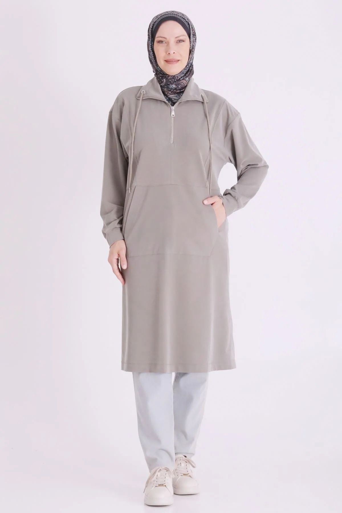 Behrem Yakası Fermuarlı Tunik-LYN04730 Çağla