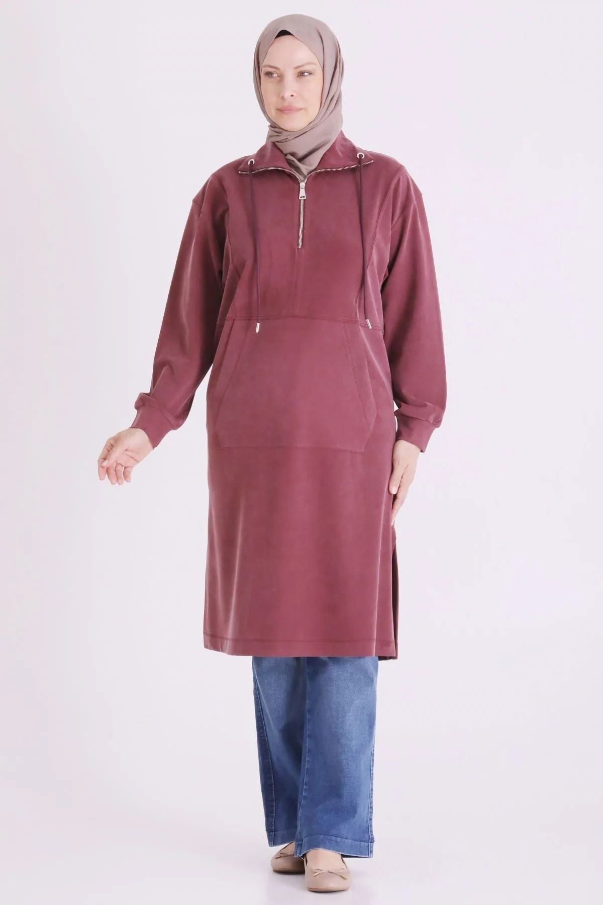 Behrem Yakası Fermuarlı Tunik-LYN04730 Mürdüm