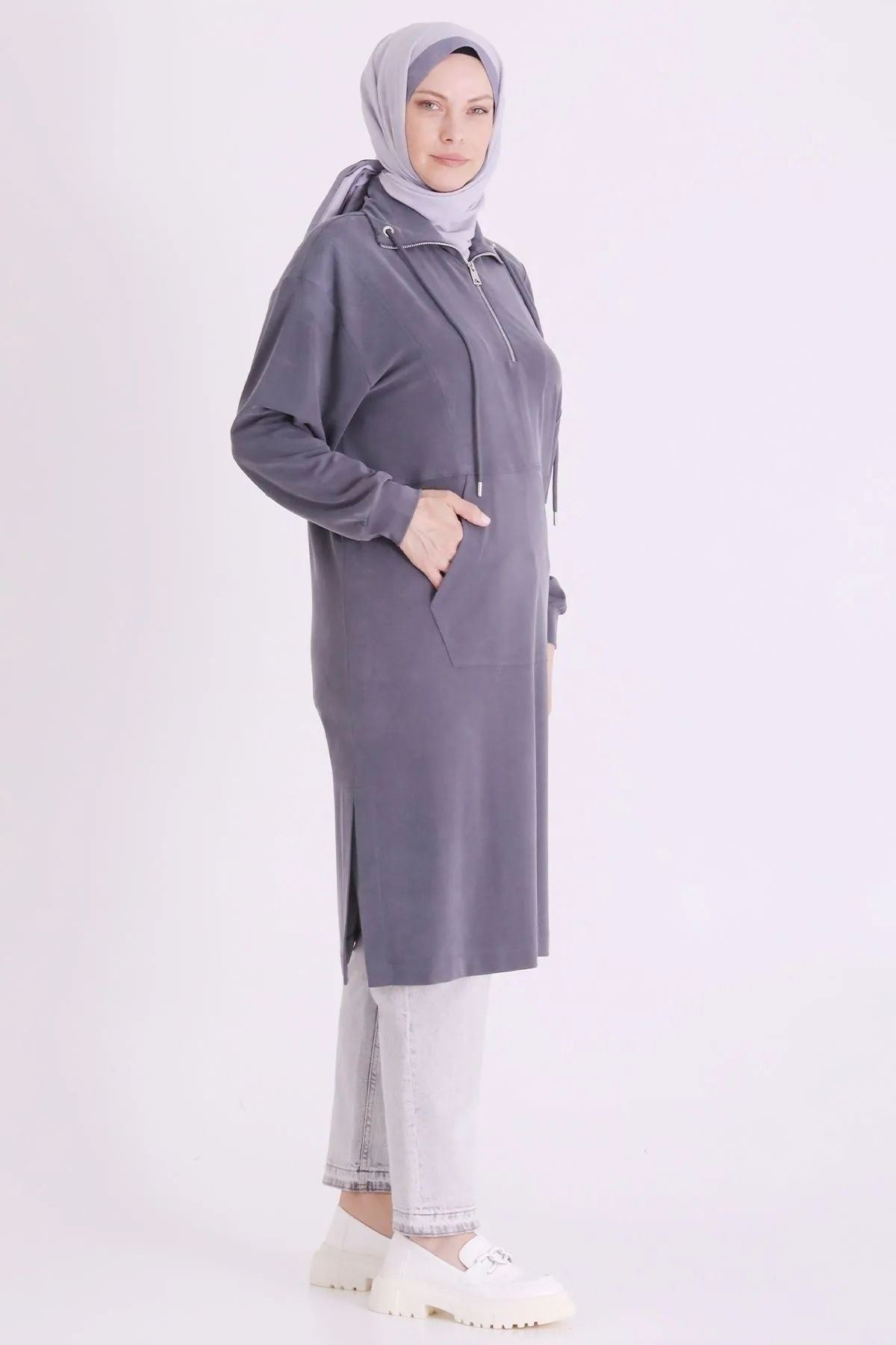 Behrem Yakası Fermuarlı Tunik-LYN04730 Duman Gri