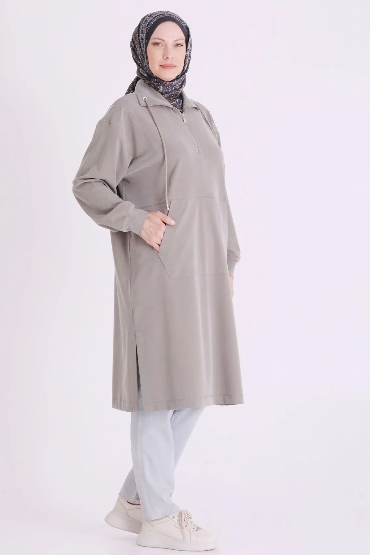 Behrem Yakası Fermuarlı Tunik-LYN04730 Çağla