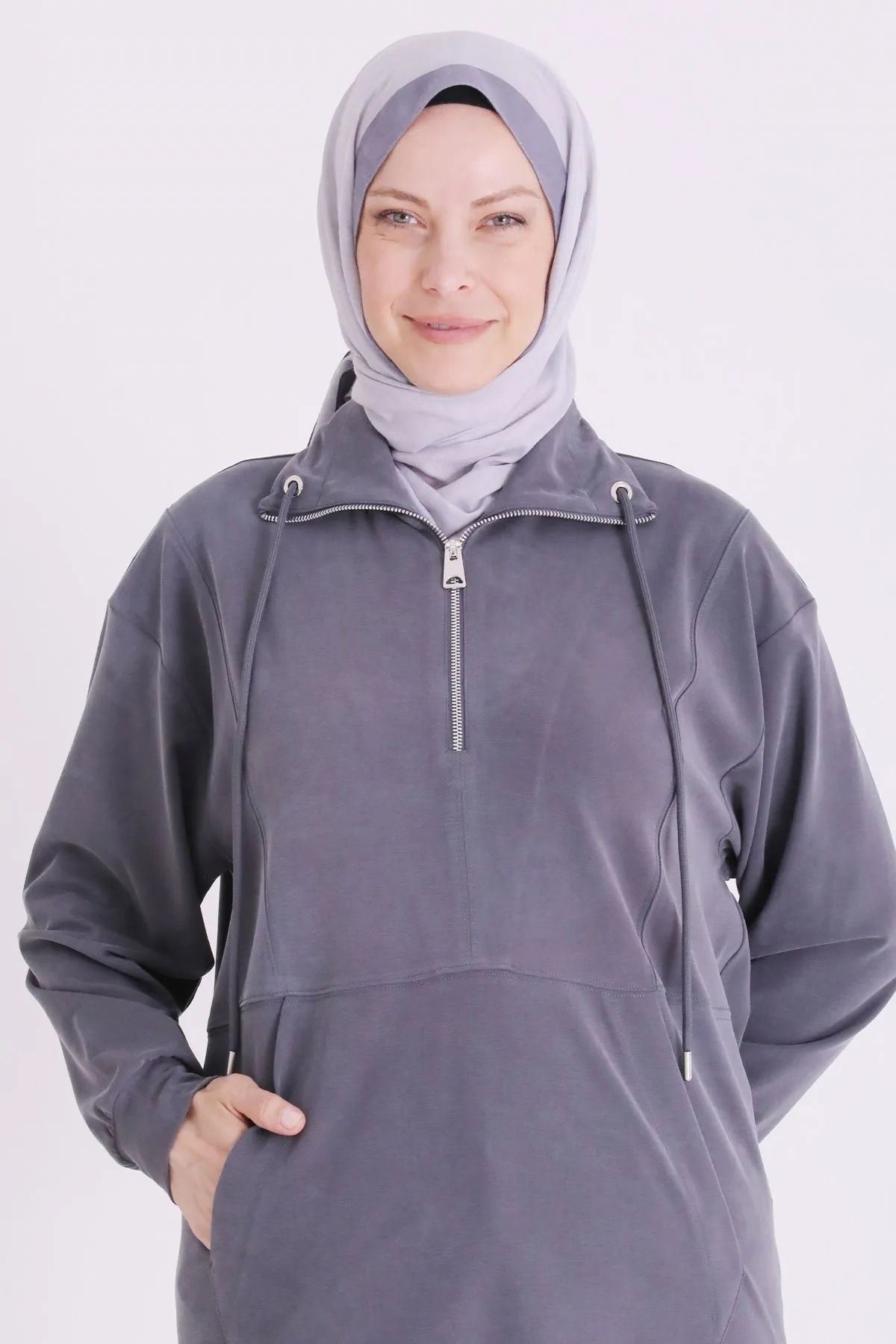 Behrem Yakası Fermuarlı Tunik-LYN04730 Duman Gri