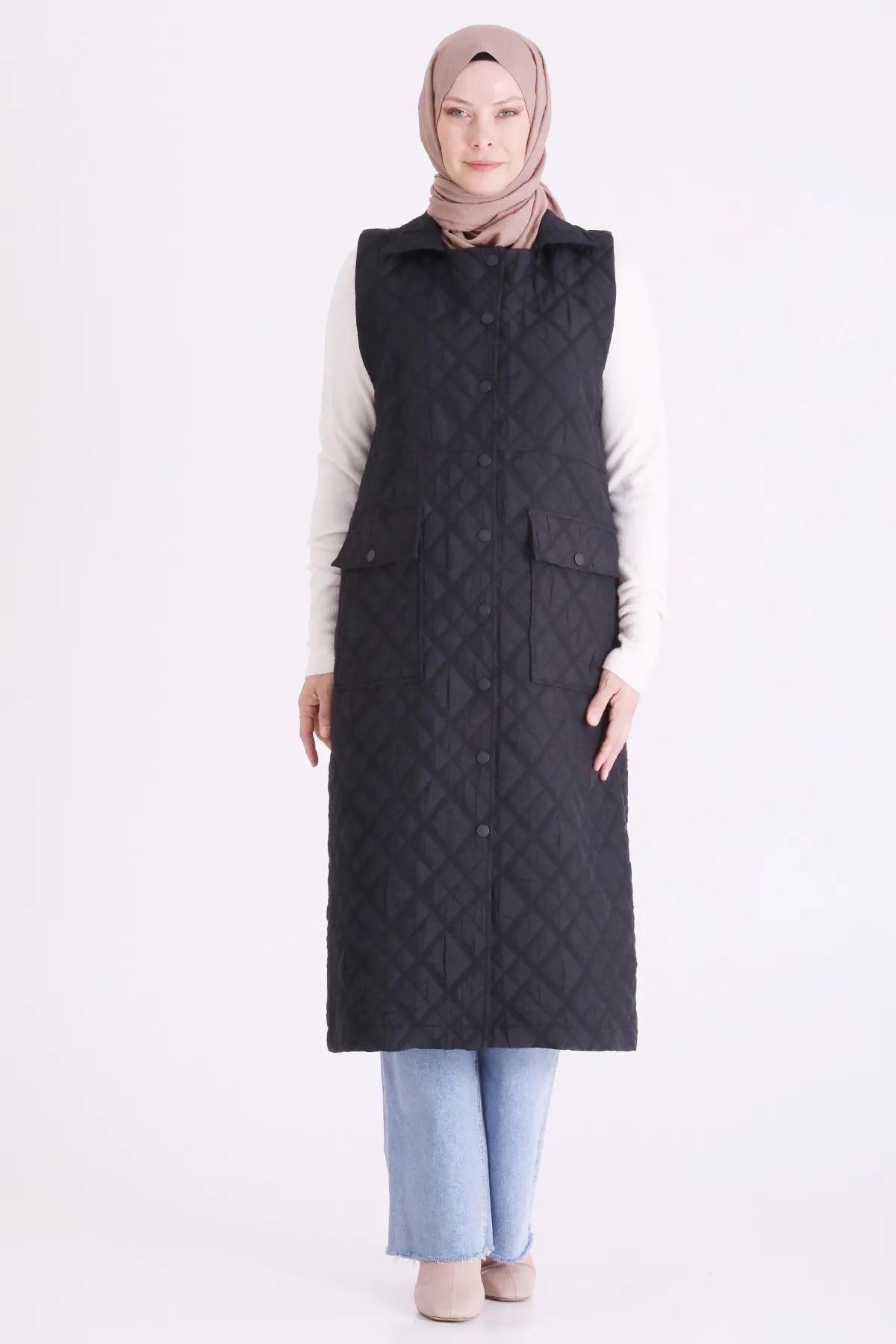 Behrem Çıtçıtlı Kapitone Yelek-LYN04736 Siyah