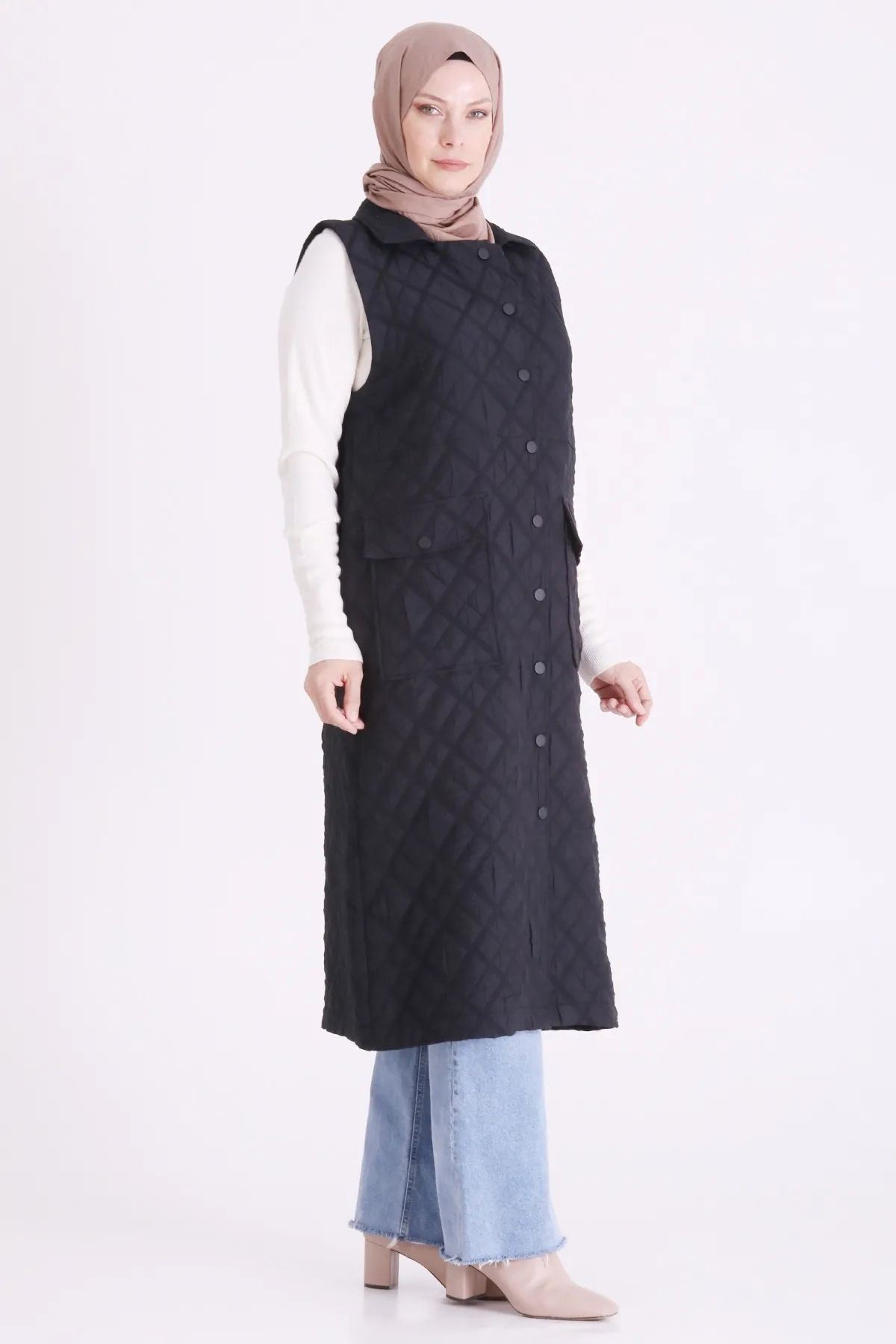 Behrem Çıtçıtlı Kapitone Yelek-LYN04736 Siyah