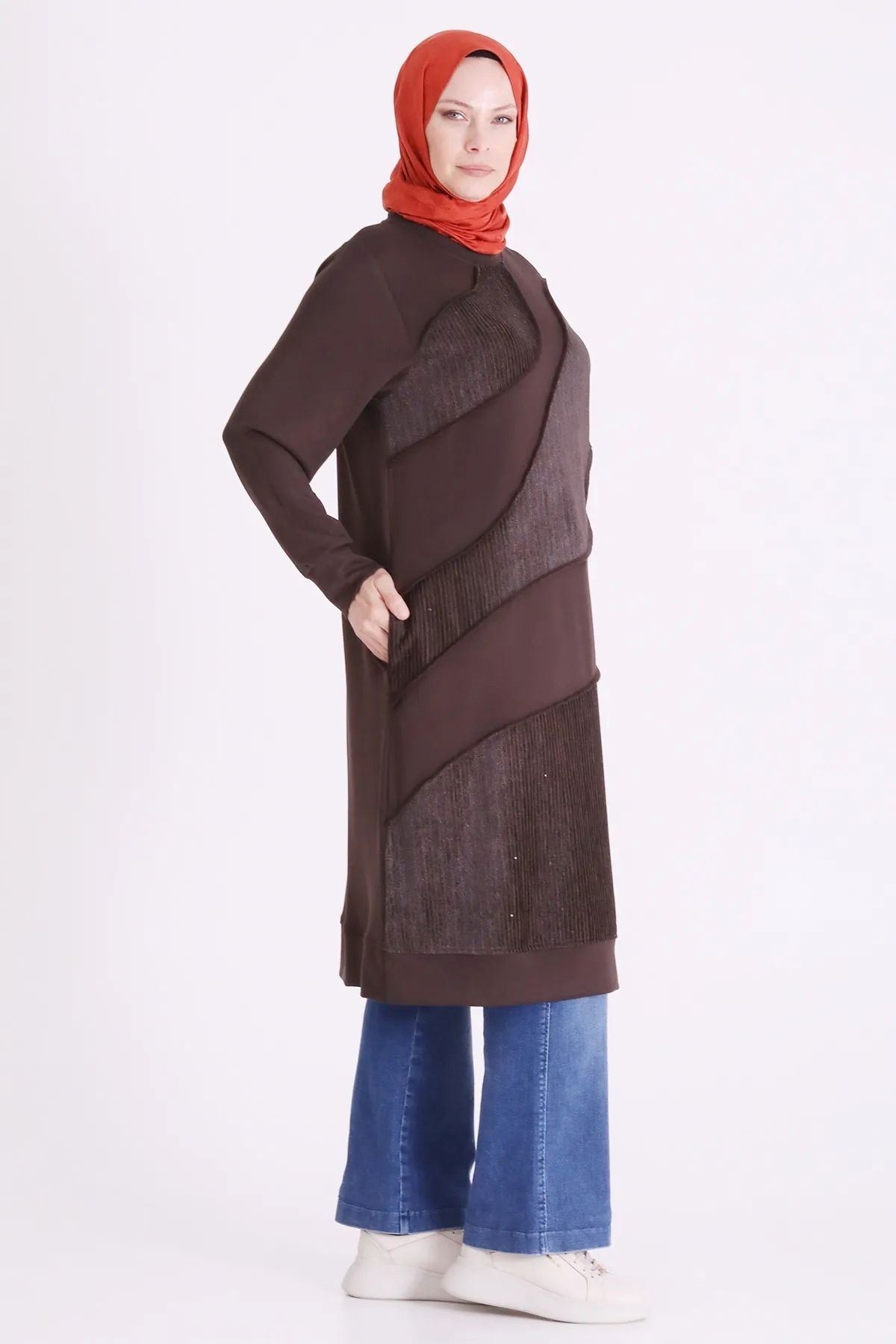 Behrem Kadife Ve Taş Detaylı Tunik-LYN04733 Kahve