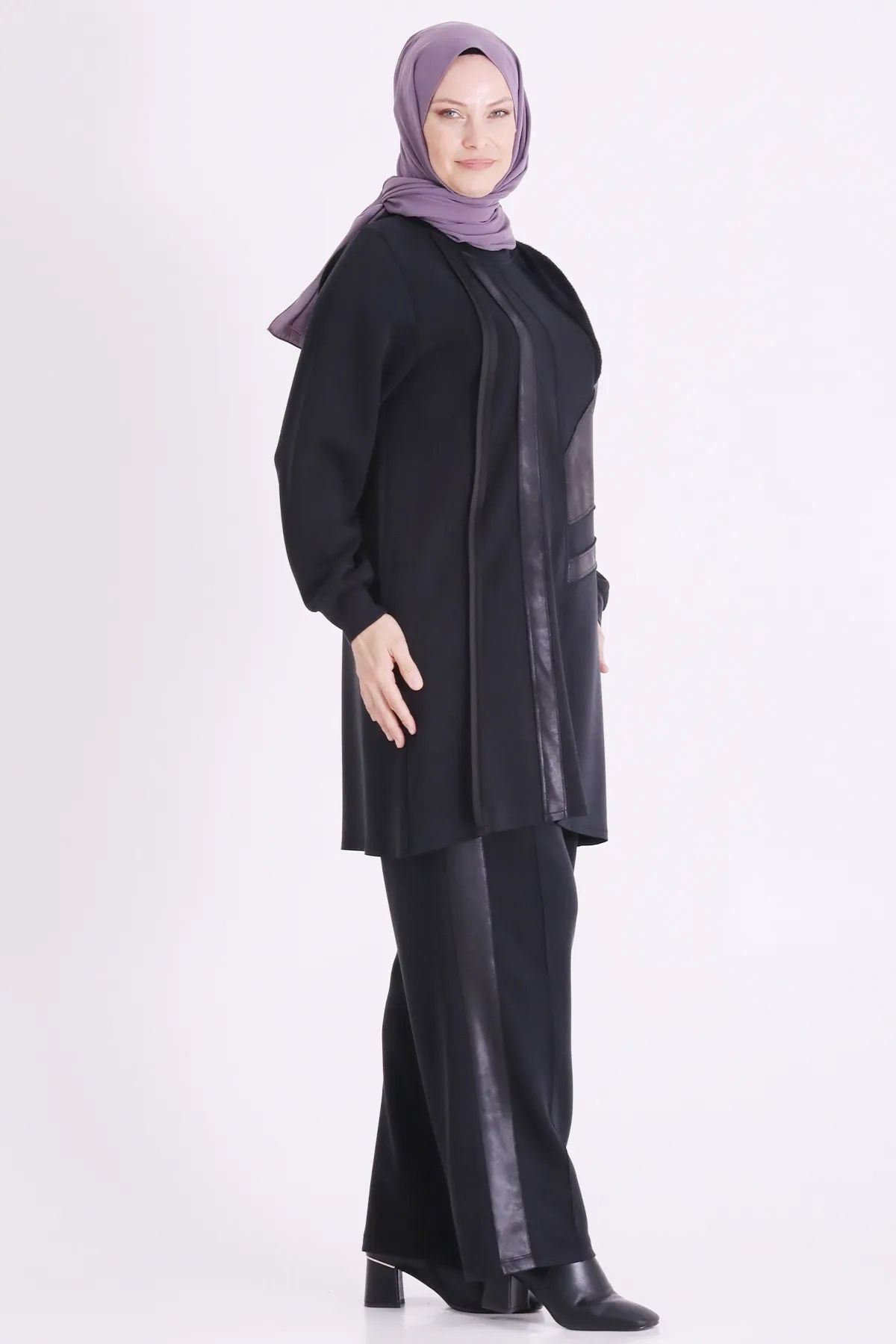 Behrem Deri Ve Kürk Detaylı Takım-LYN04739 Siyah