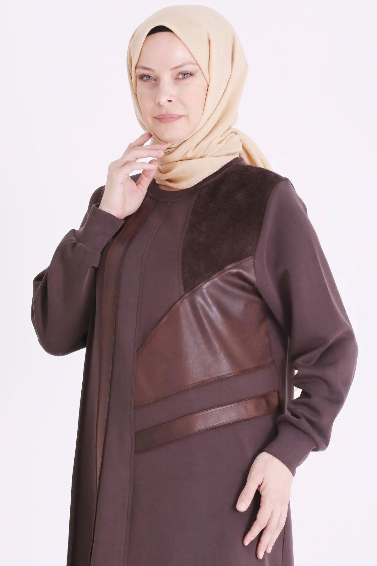 Behrem Deri Ve Kürk Detaylı Takım-LYN04739 Koyu Kahve