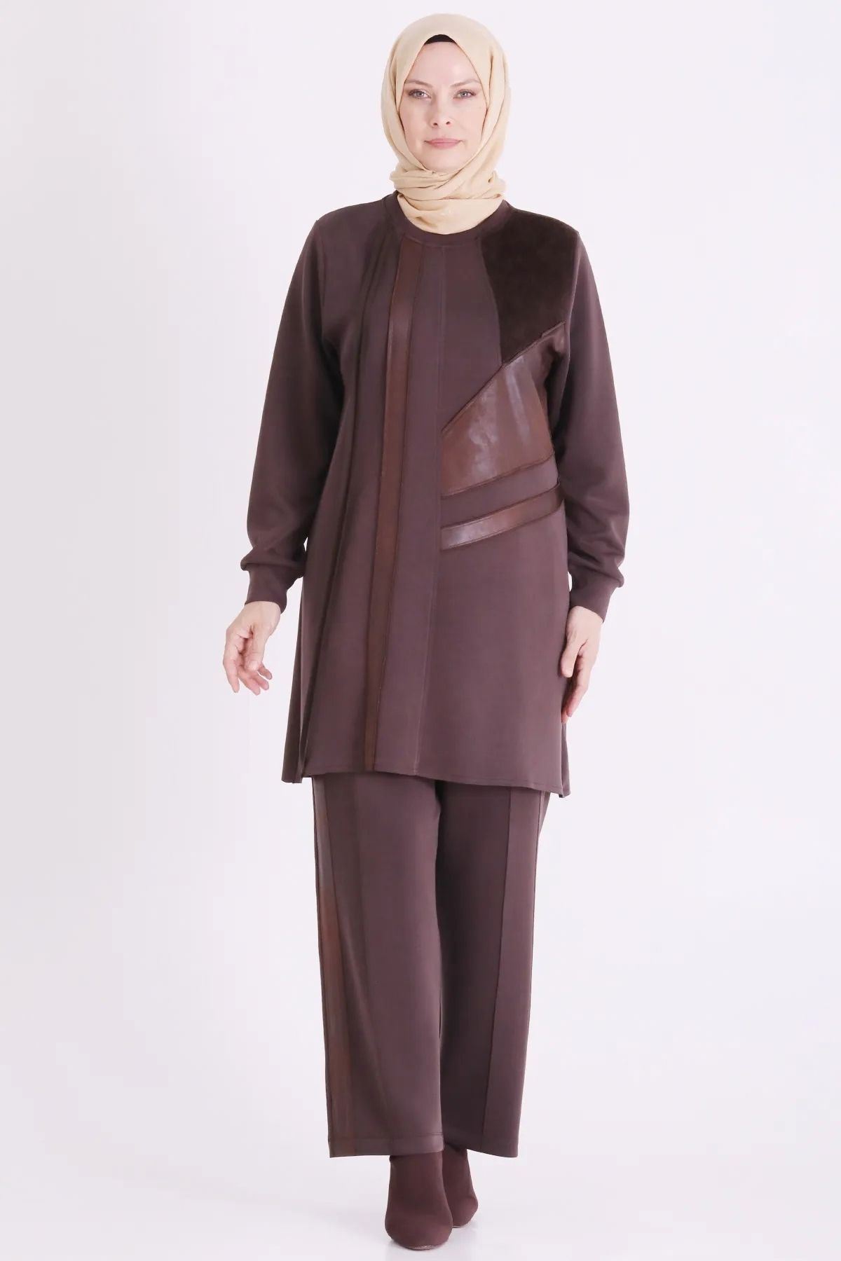 Behrem Deri Ve Kürk Detaylı Takım-LYN04739 Koyu Kahve