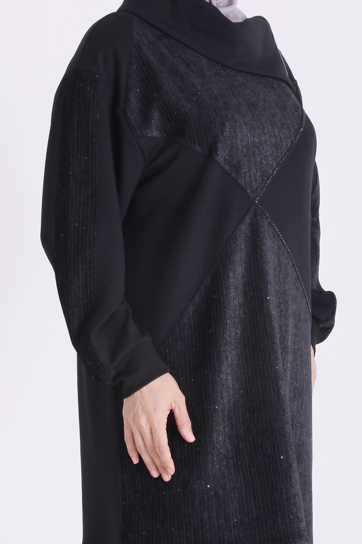 Behrem Kadife Detaylı Tunik-LYN04734 Siyah