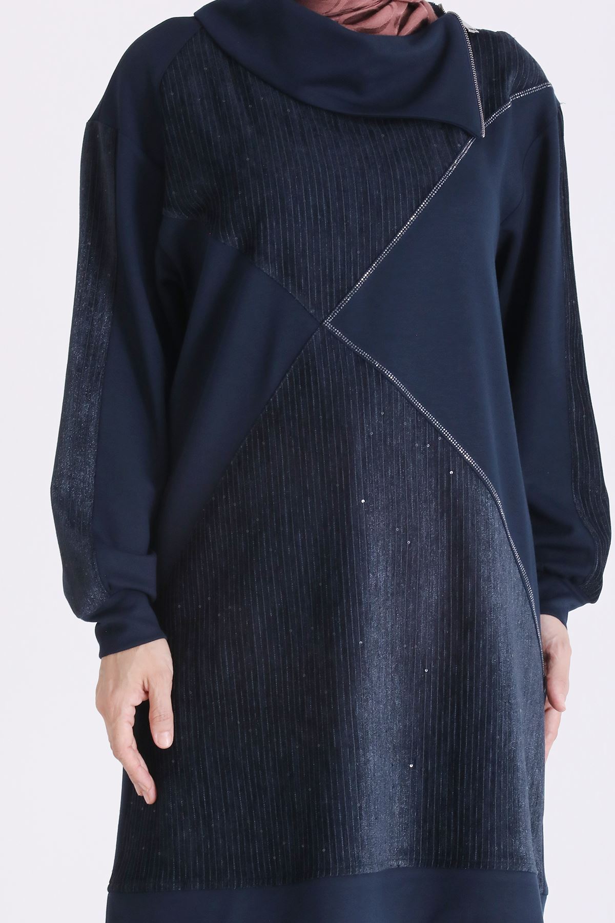 Behrem Kadife Detaylı Tunik-LYN04734 Lacivert