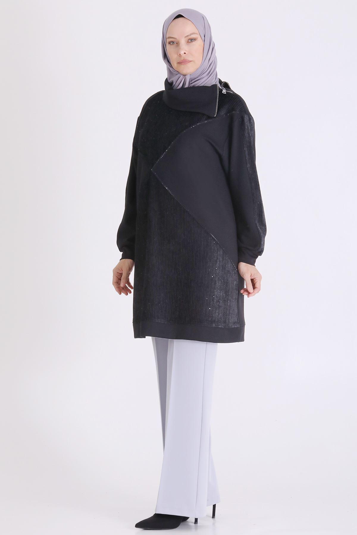 Behrem Kadife Detaylı Tunik-LYN04734 Siyah